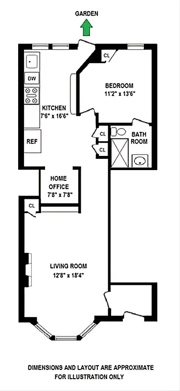 floorplan showing kitchen and living at one end and bedroom at the other