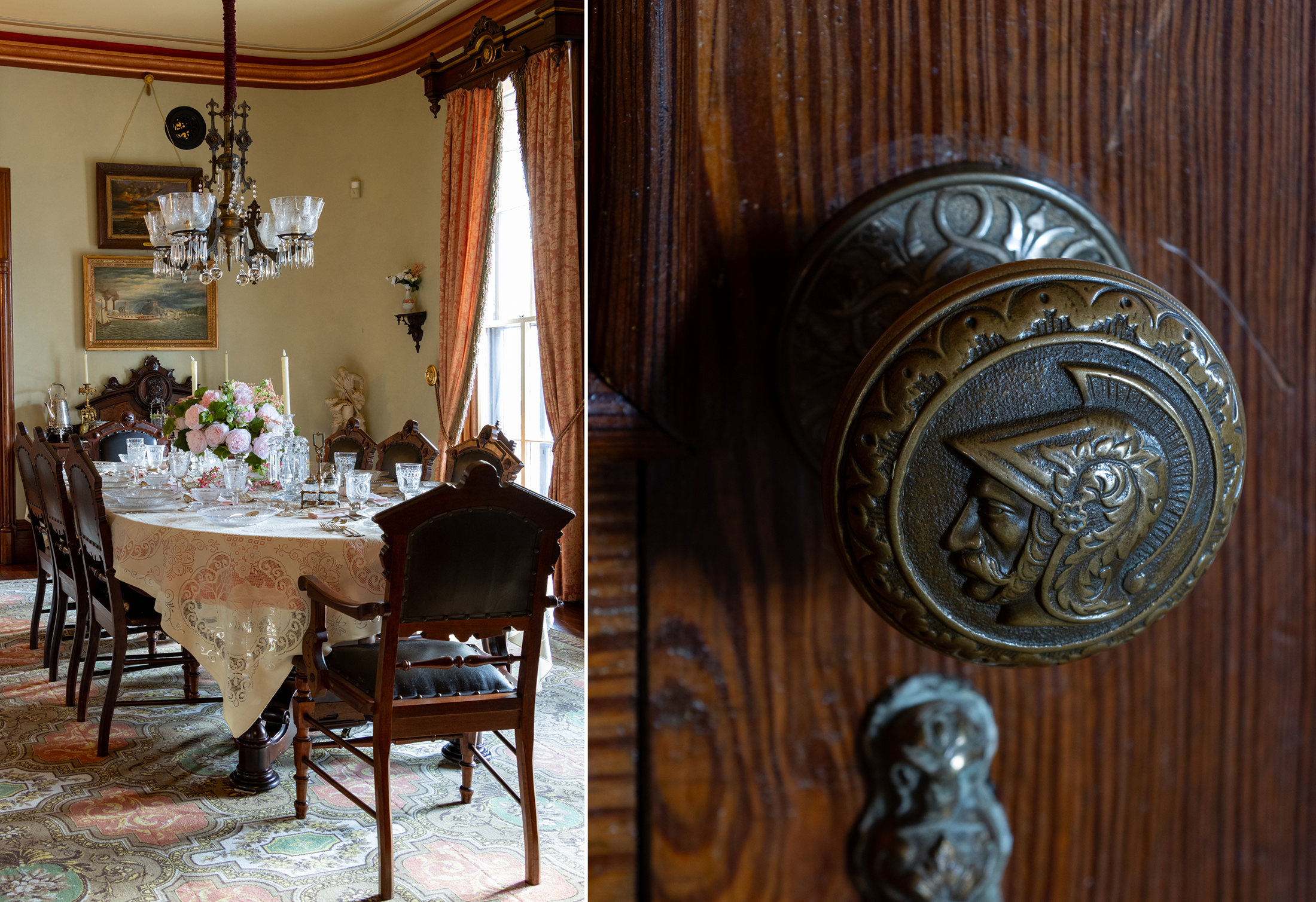a dining room table set with glassware and a closeup of a doorknob