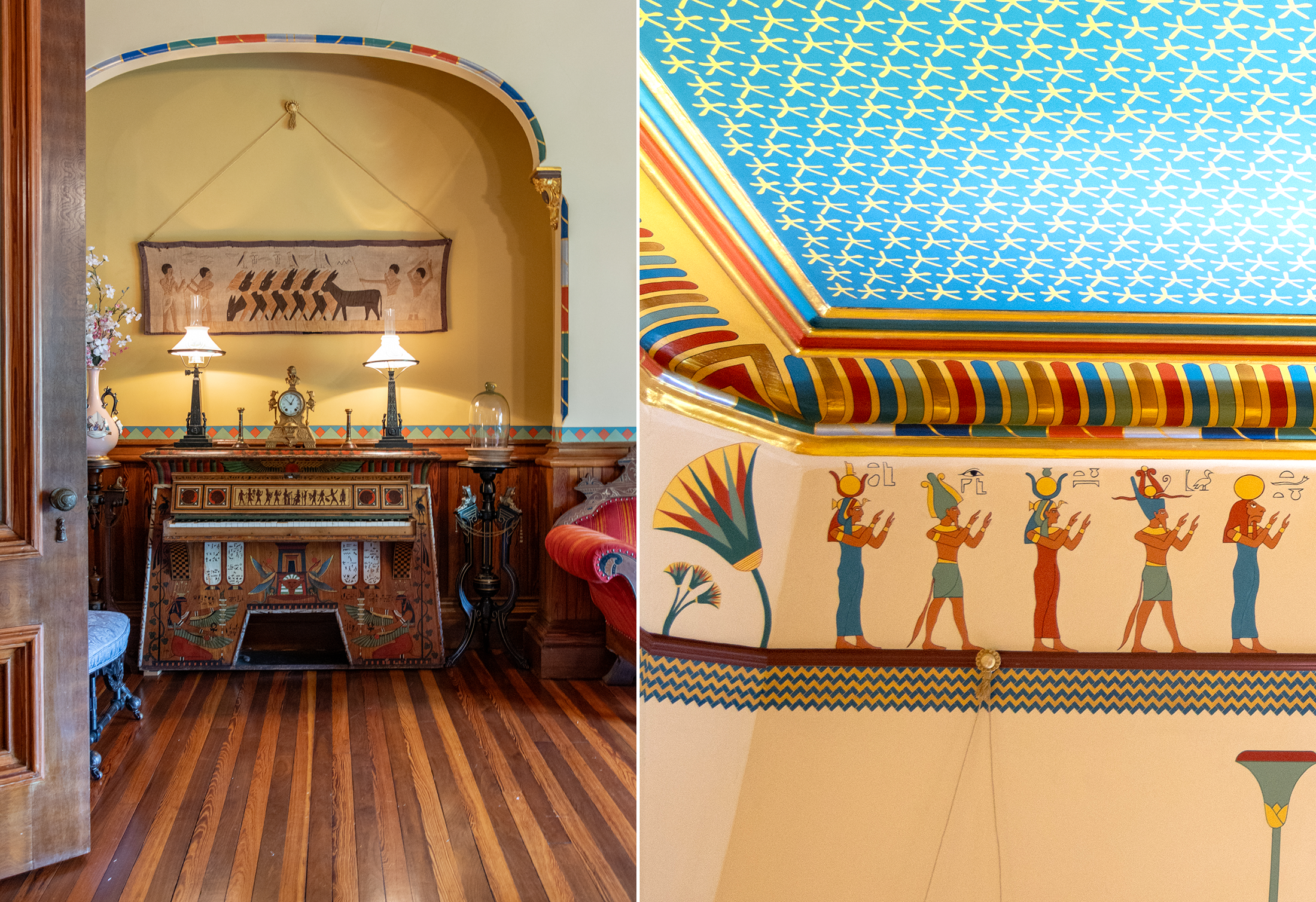 Egyptian room with a decorative border on the wall and Egyptian themed furniture