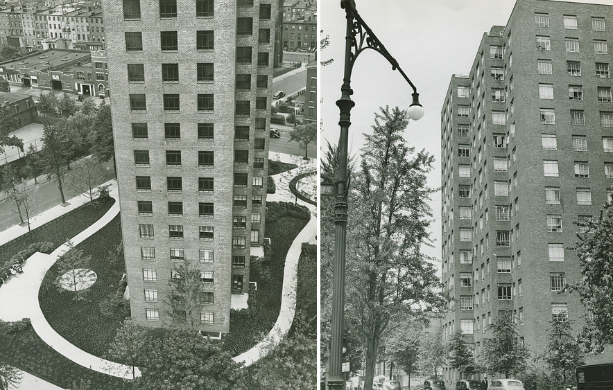 black and white photos showing tall apartment buidlings