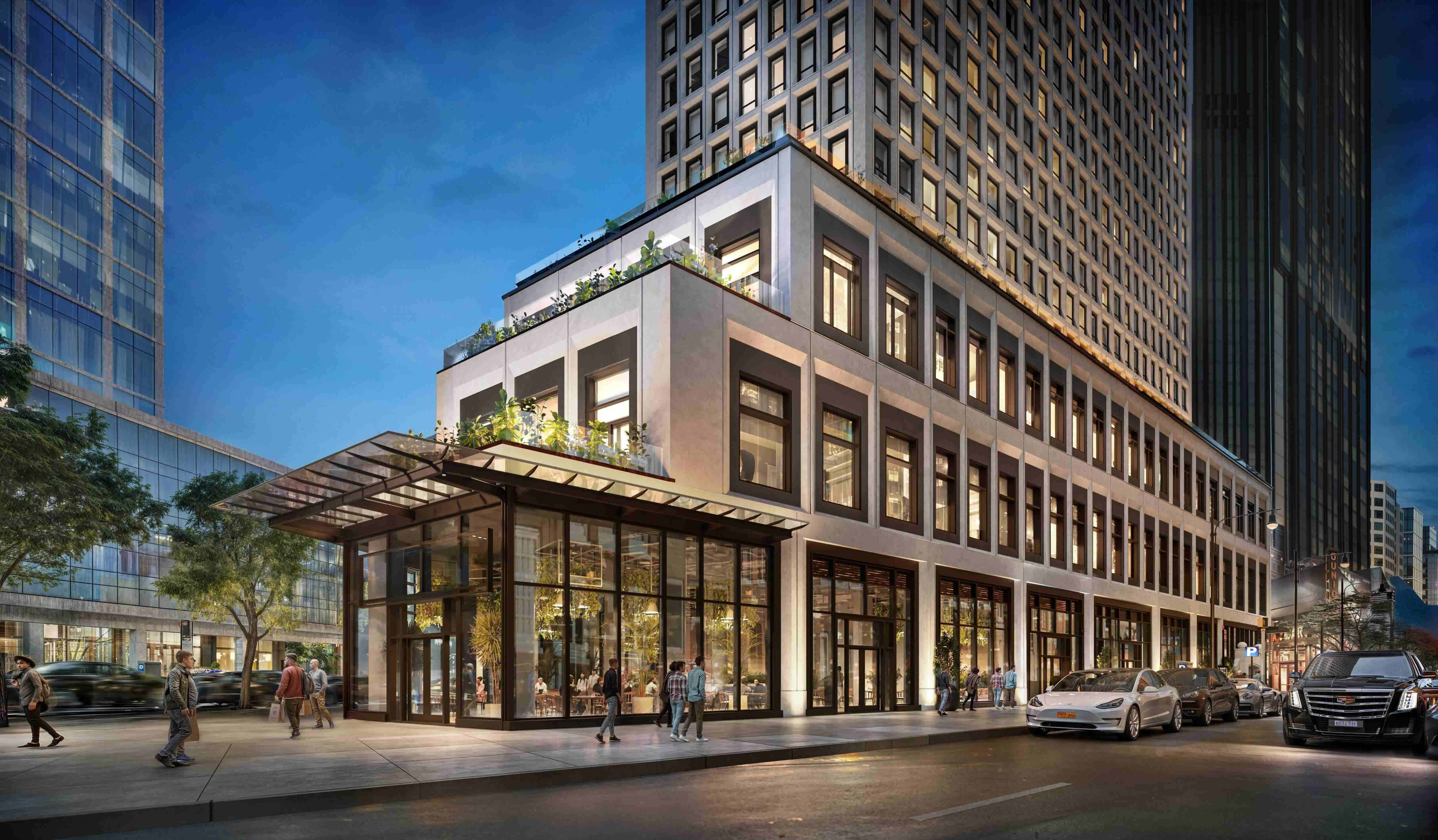 rendering of the street level with floor to ceiling windows
