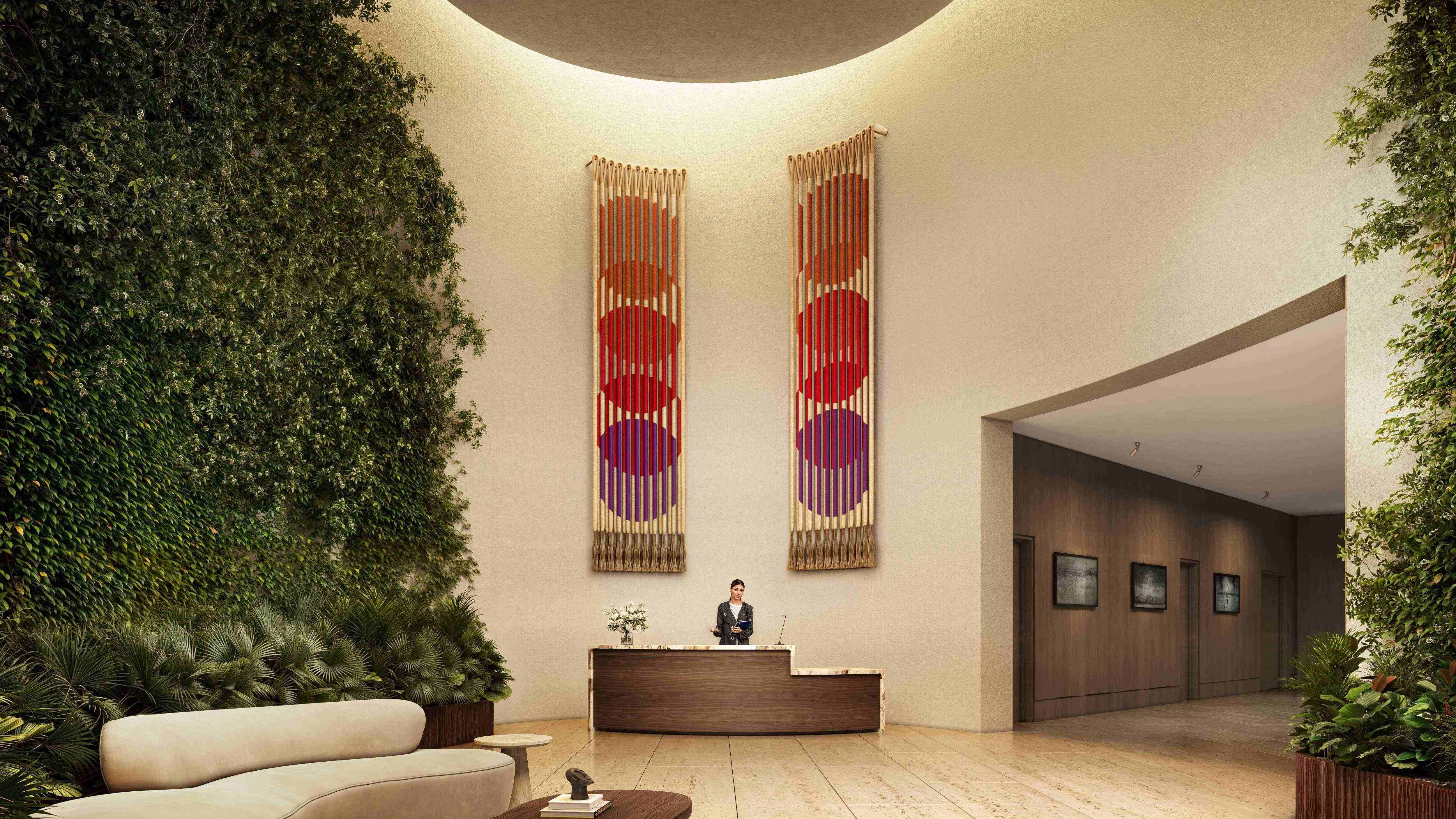 rendering of the lobby with greenery growing up the walls