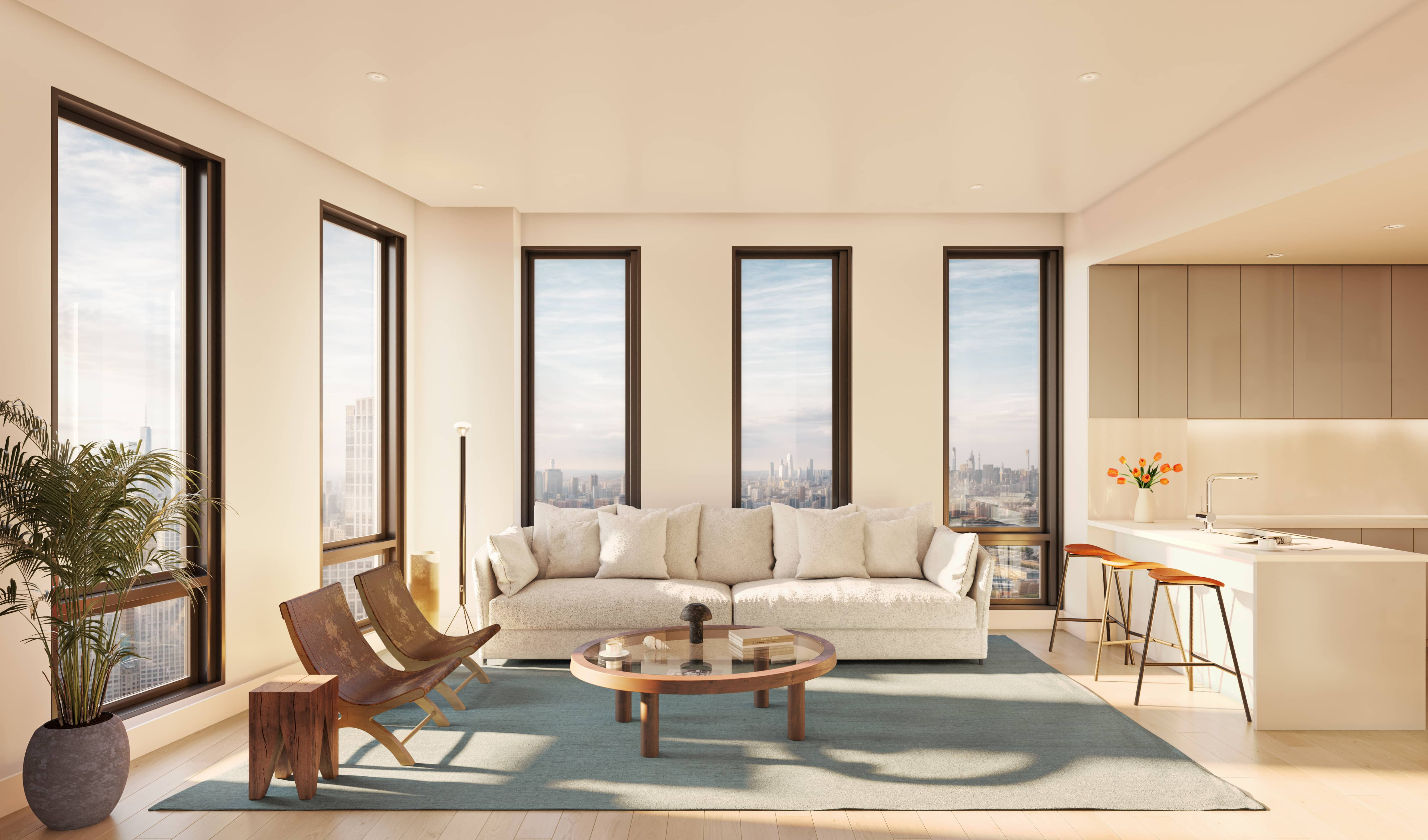 rendering of an open plan kitchen and living room with two exposures