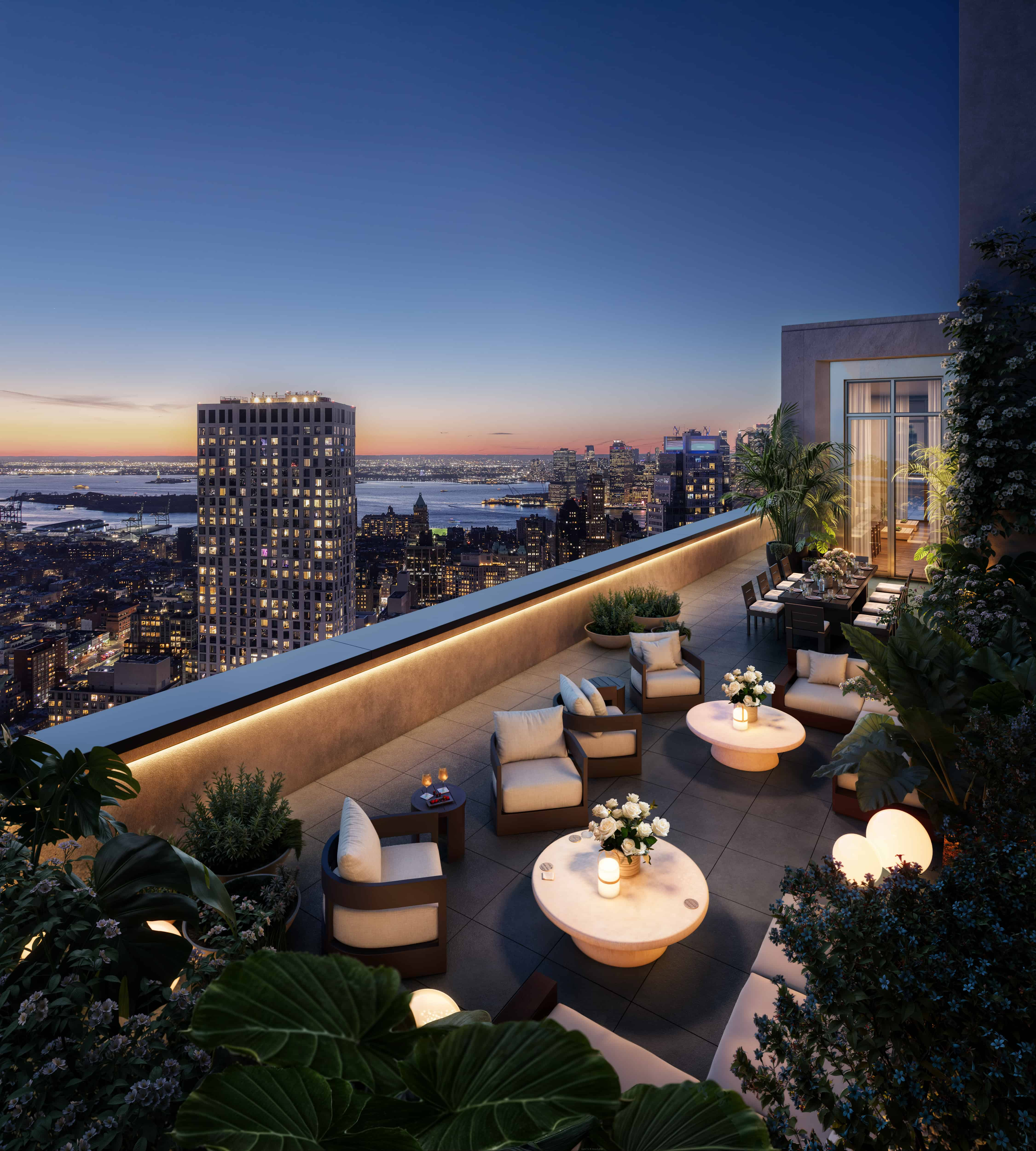 nighttime rendering of a roof top lounge with seating