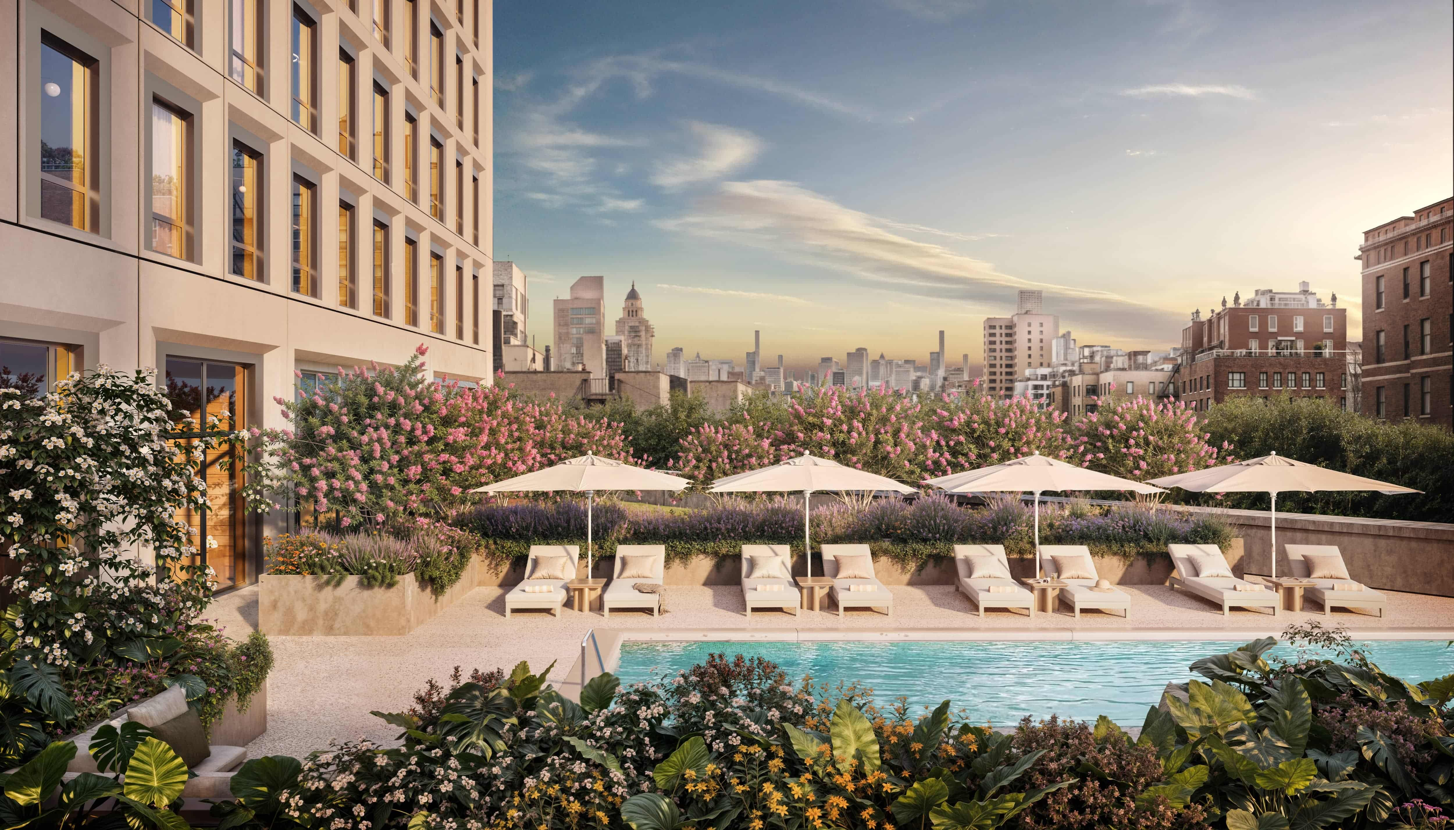 rendering of the rooftop garden with a pool