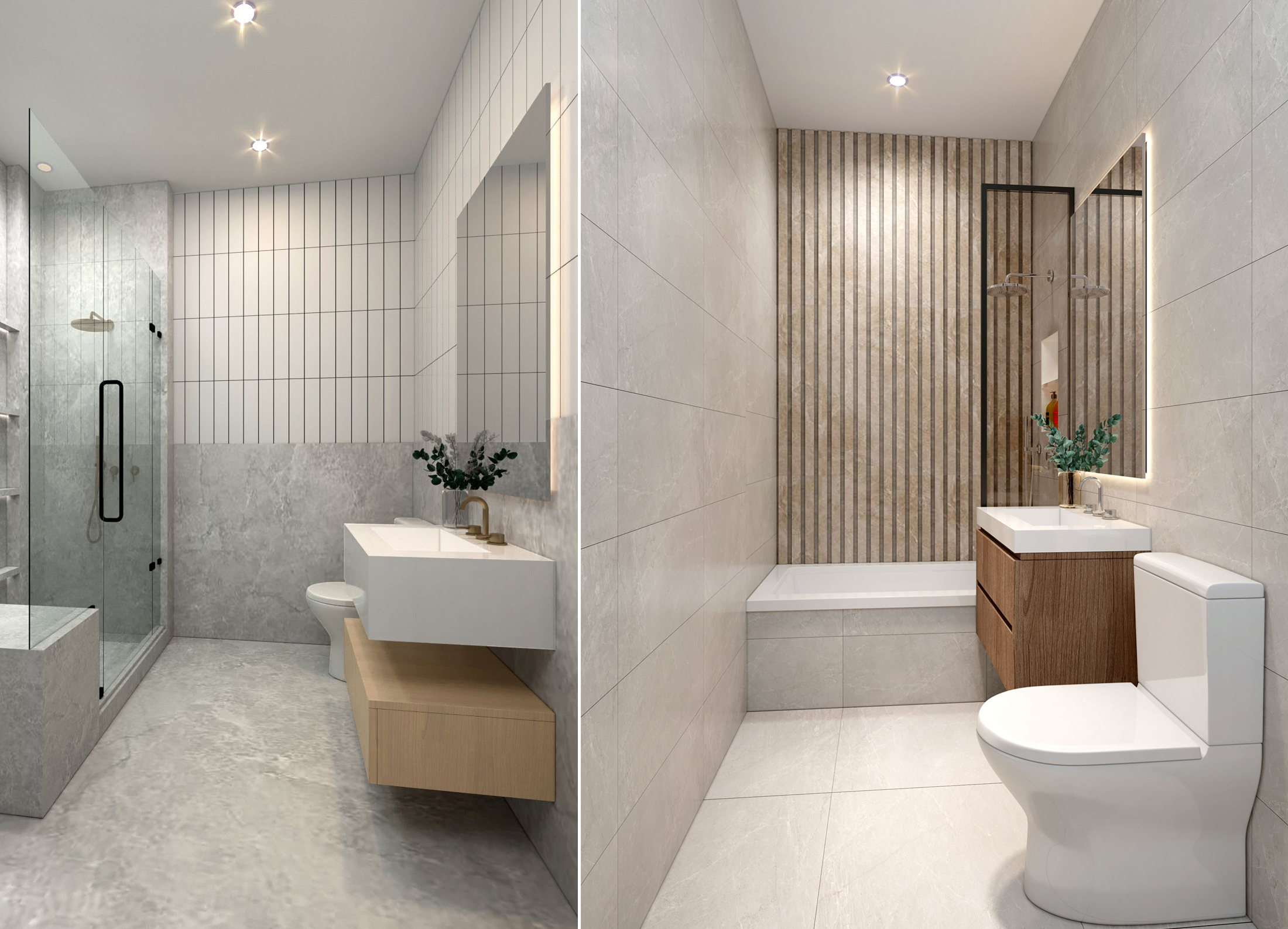 collage of two renderings showing bathrooms with floating vanities and white fixtures
