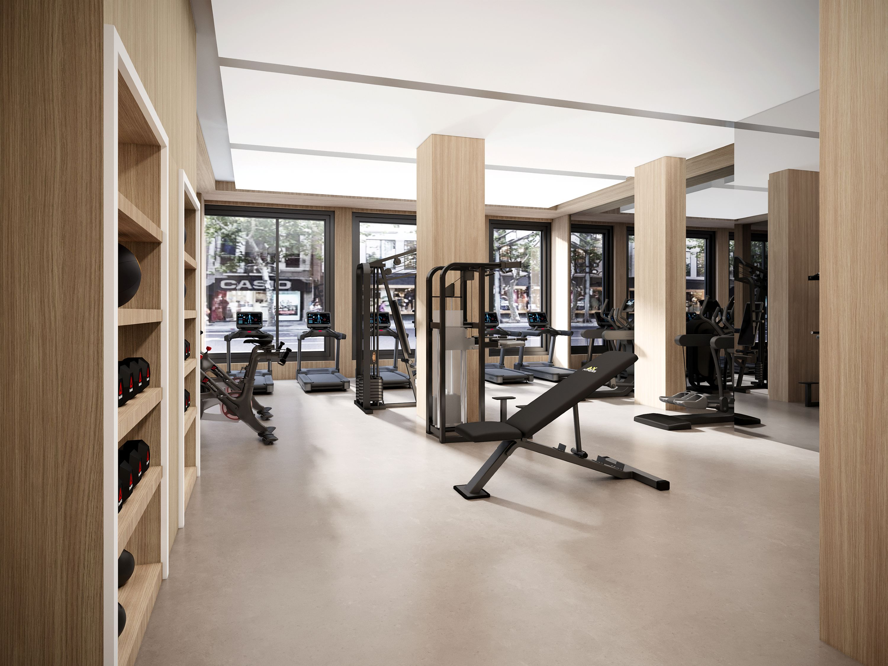 rendering of a gym with windows to street