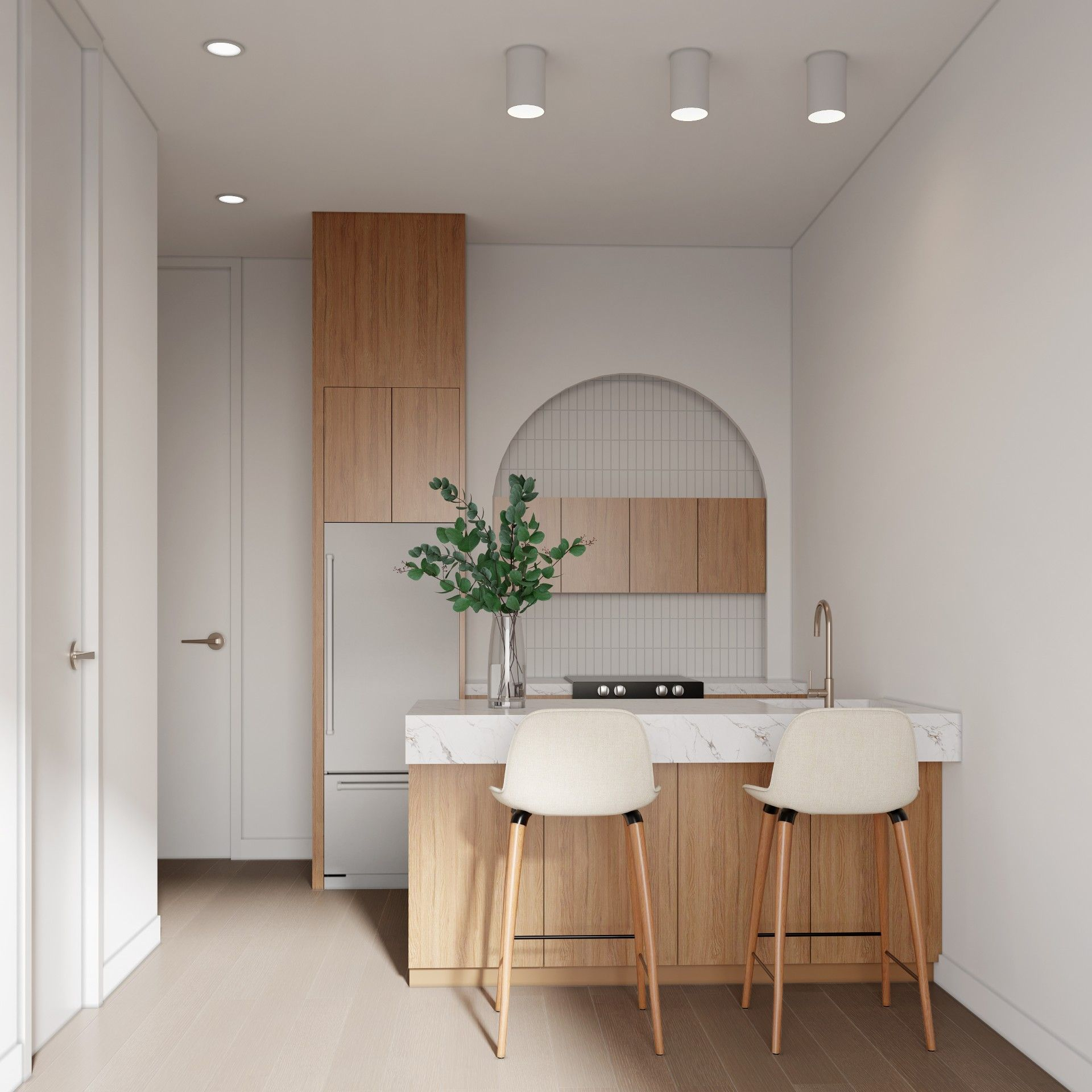 rendering of a kitchen with a peninsula, wood cabinets