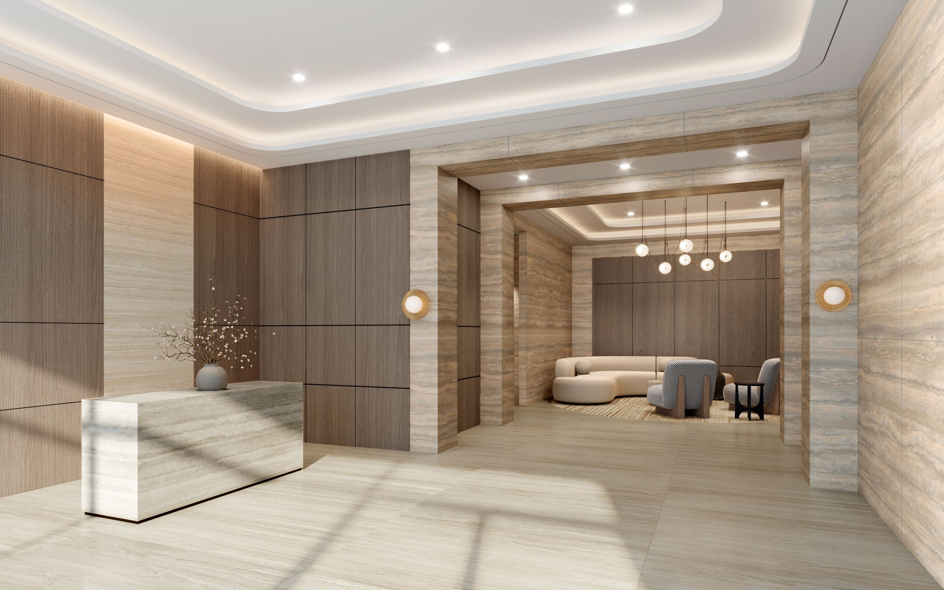 rendering of a lobby with beige walls and floor