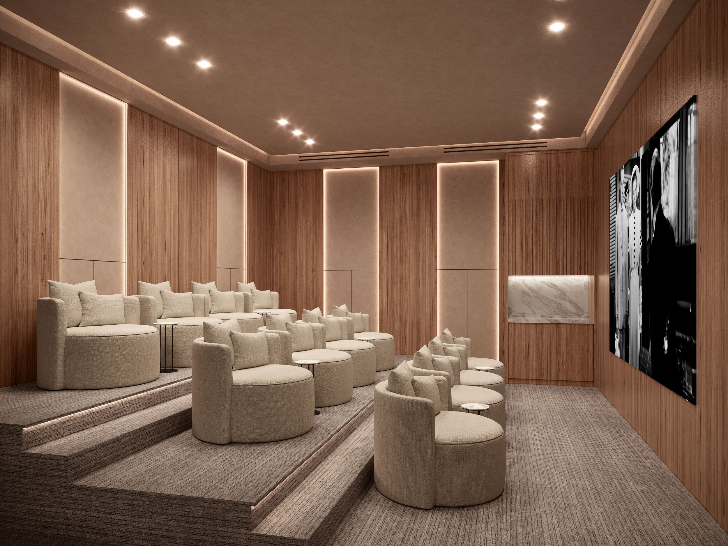 rendering of a media room with curved seating