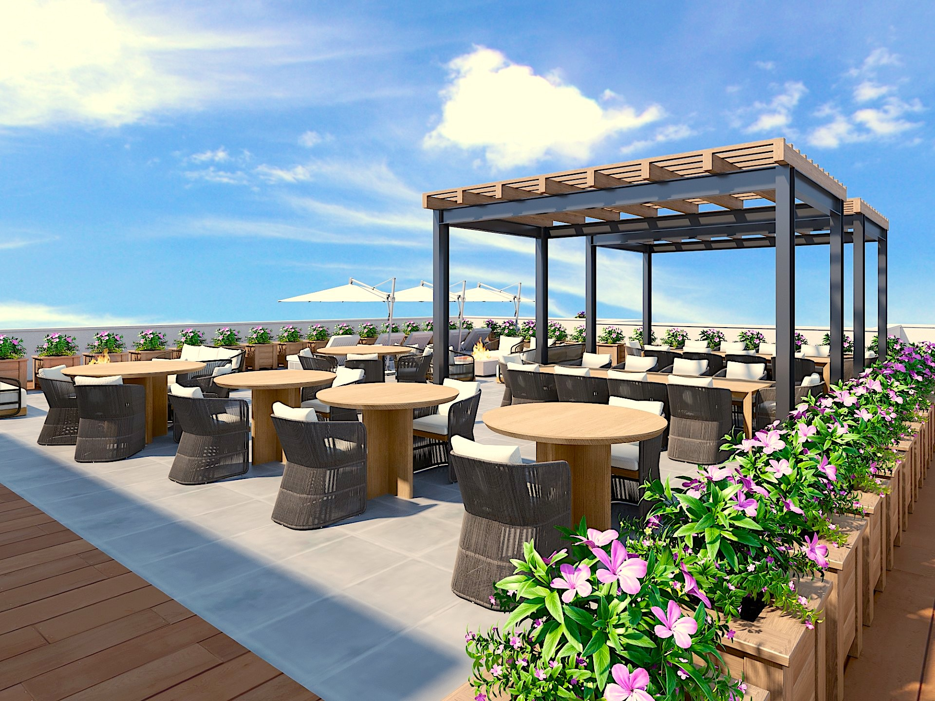 rendering of the roof with a pergola and tables for dining