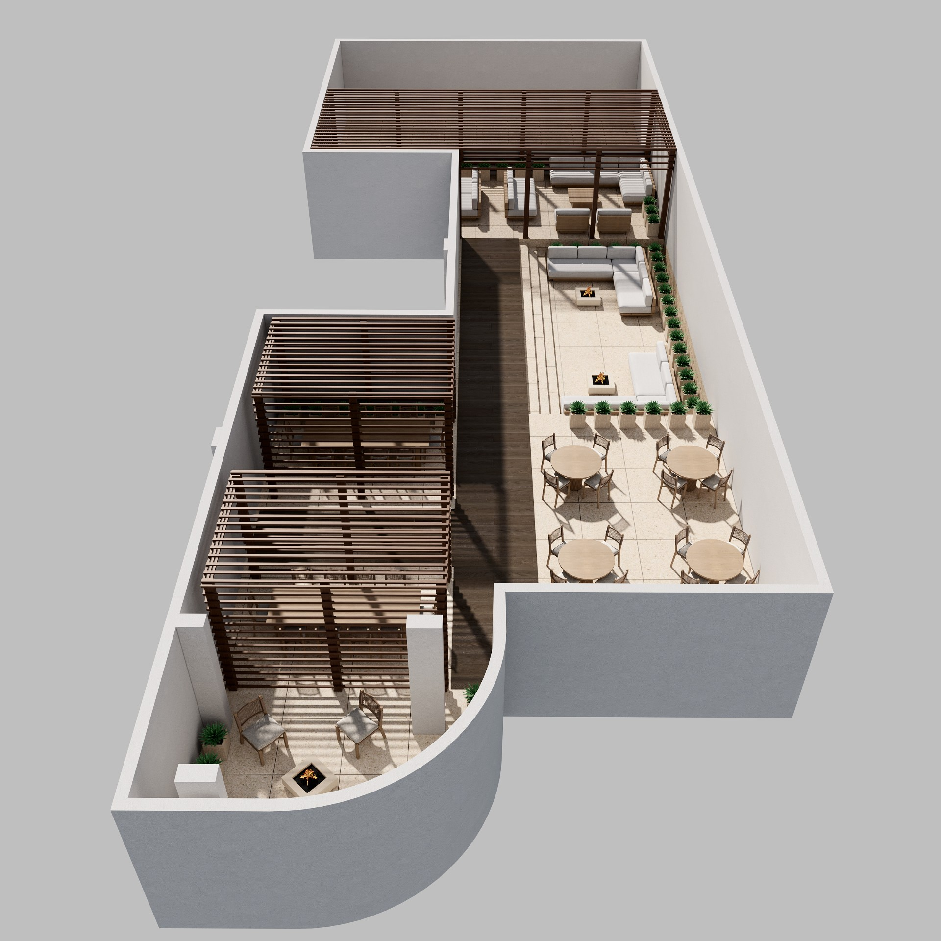 rendering of an aerial view of the rooftop showing pergolas, lounging and dining areas