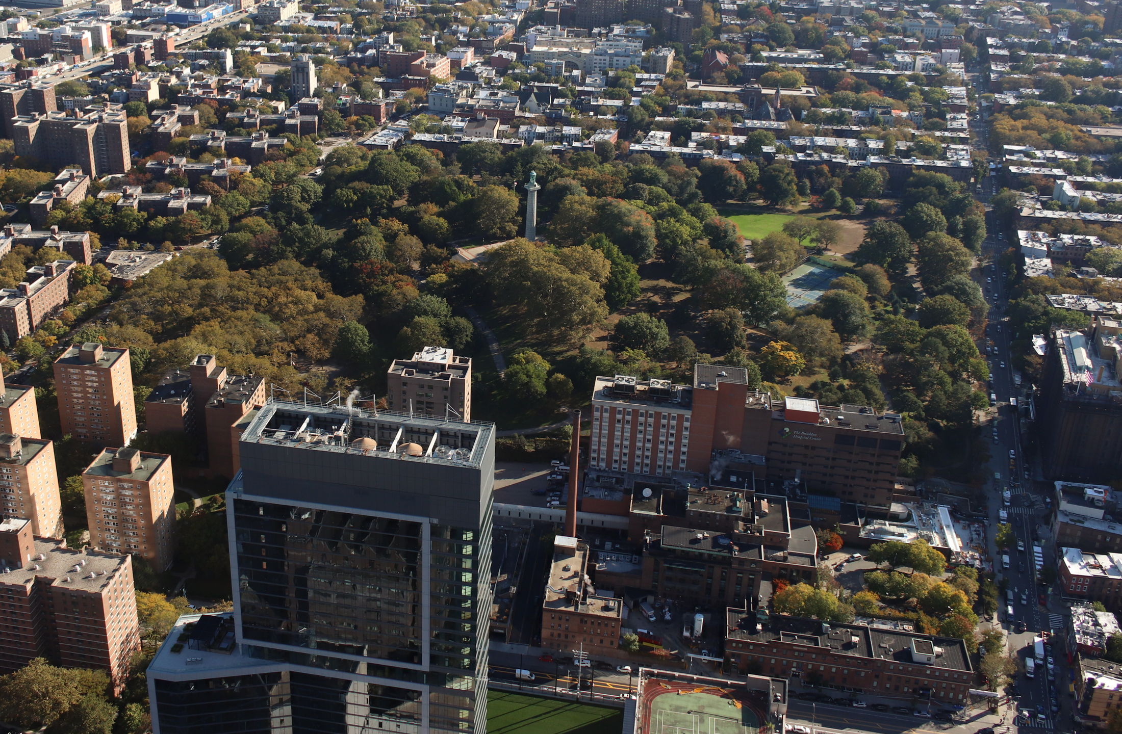 aerial view showing trees and a monument in fort green park