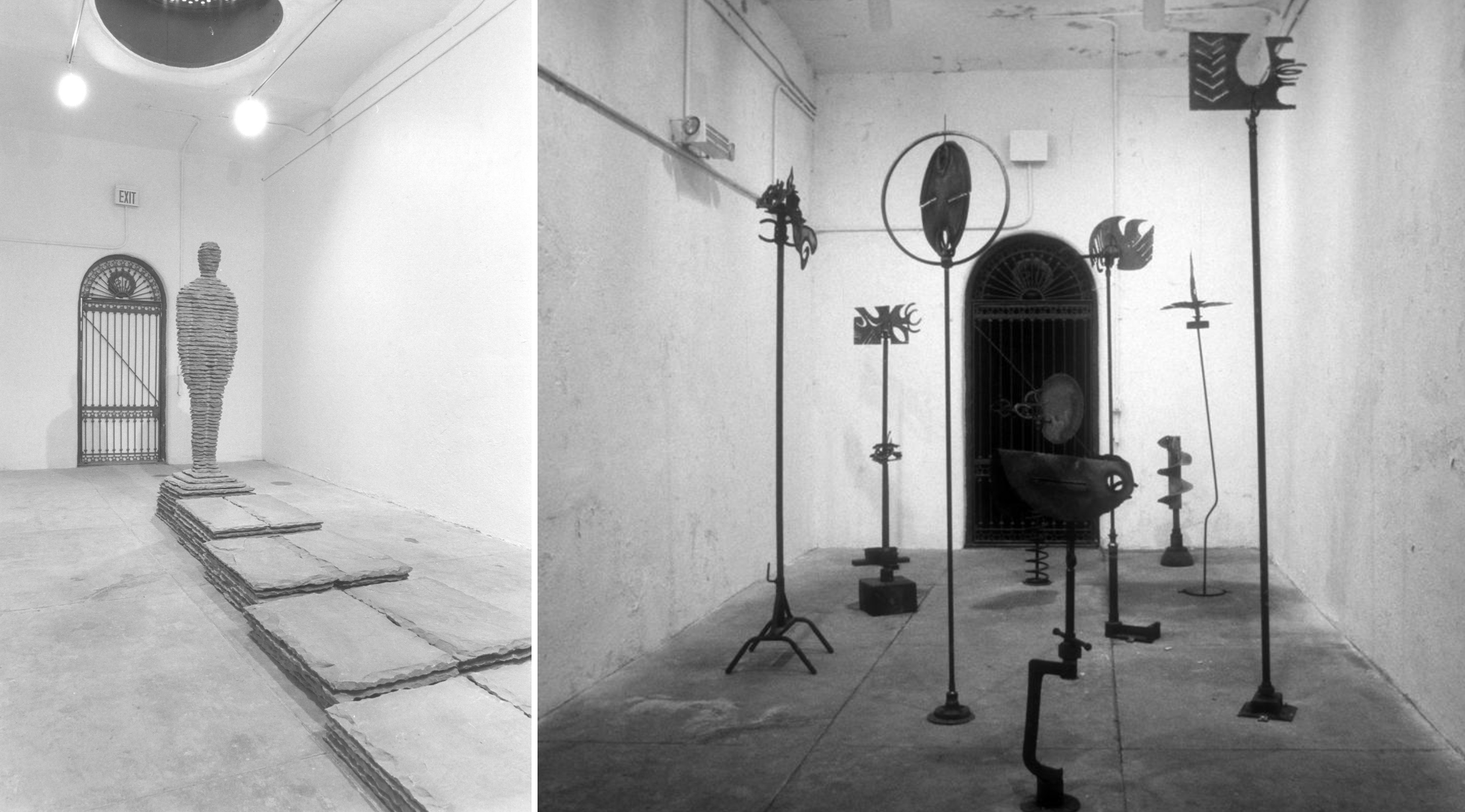 black and white photos of large sculptural works on display inside the trophy room in the arch