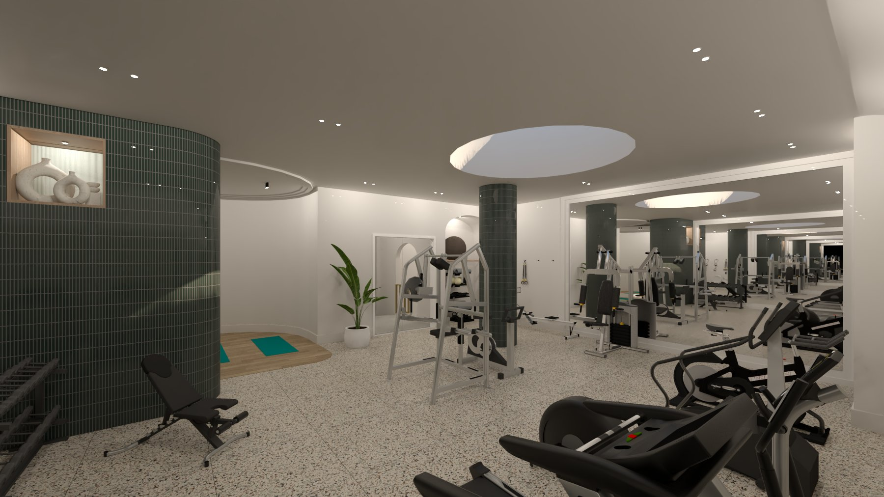 rendering of a gym with skylights and exercise equipment