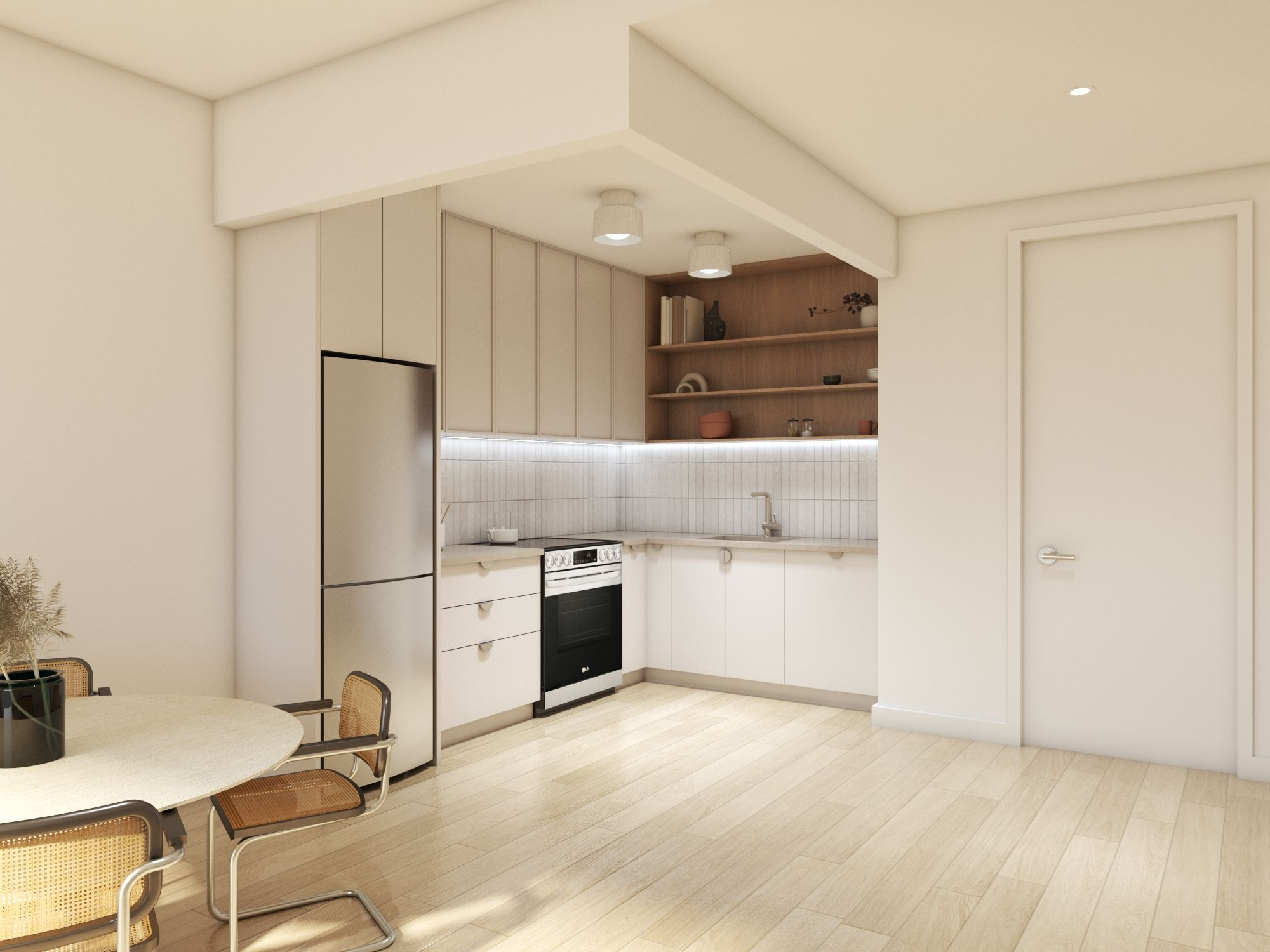 rendering of a kitchen with cream cabinets and some open shelveing