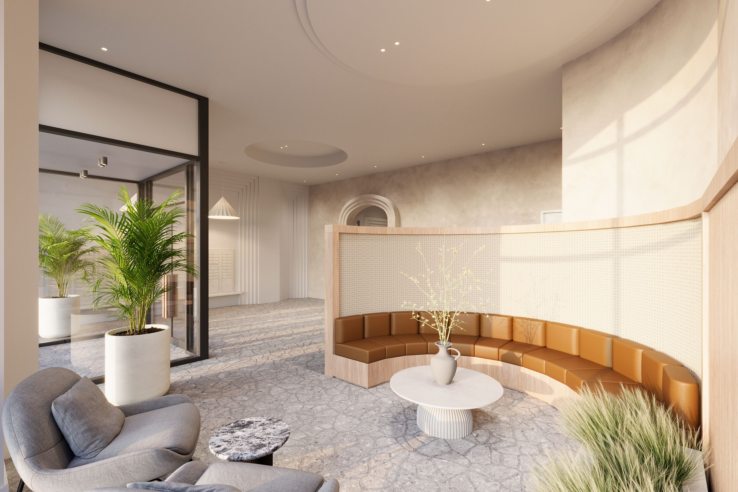 rendering of the lobby with a curved banquette