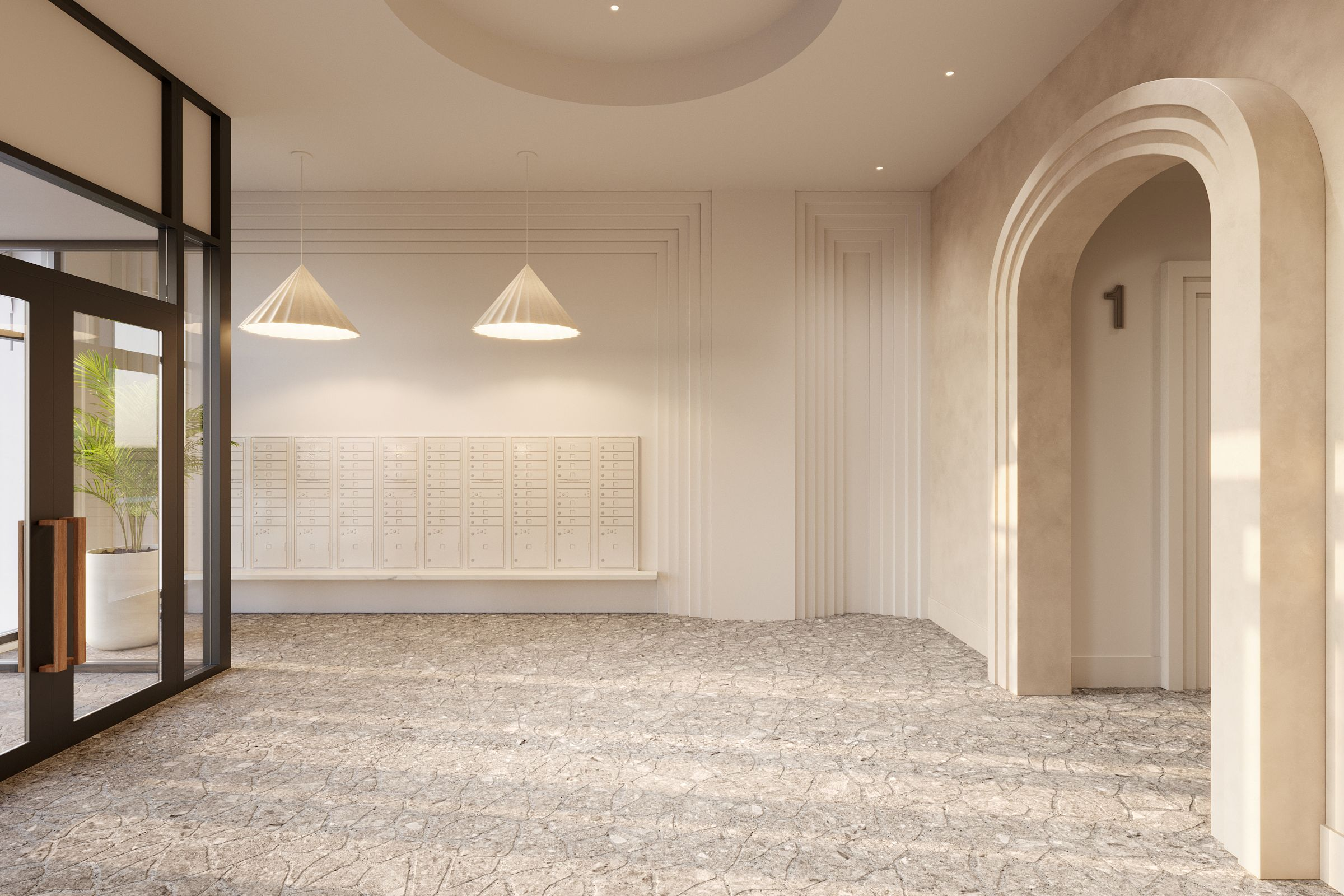 rendering of a lobby with a bank of mailboxes, cream colored walls and floors