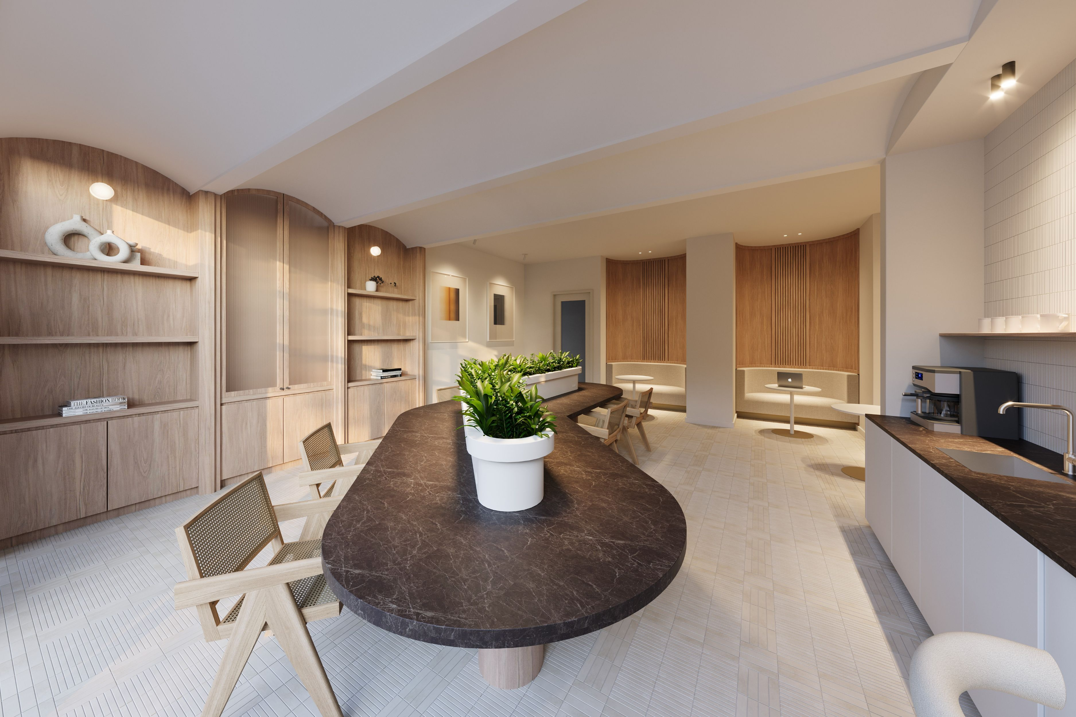 rendering of a lounge with built-in bookcases, booths, and a wet bar