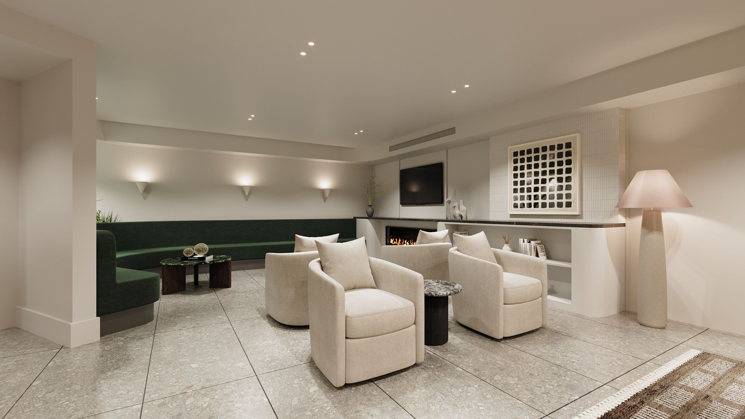 rendering of a lounge with a fireplace and beige tile