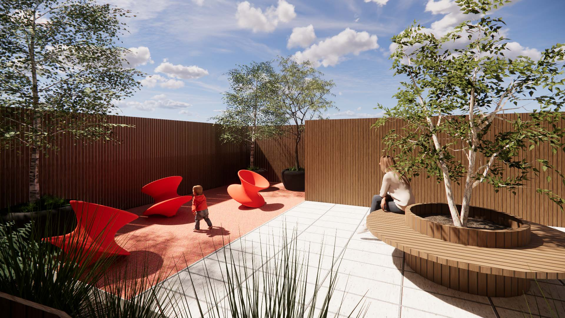 rendering of a play area on a rooftop with trees and seating