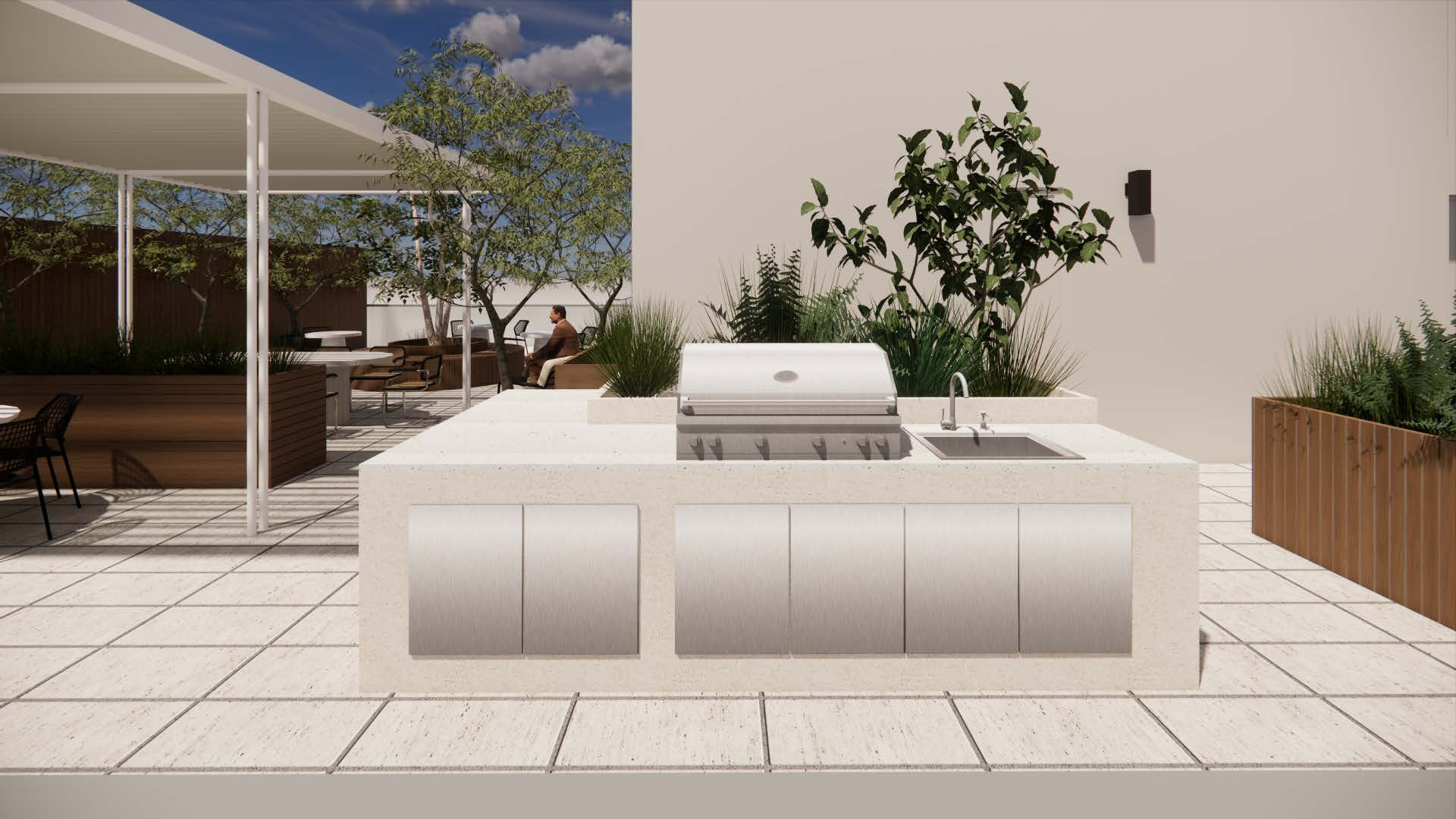 rendering of the rooftop bbq area with grills and a shaded seating