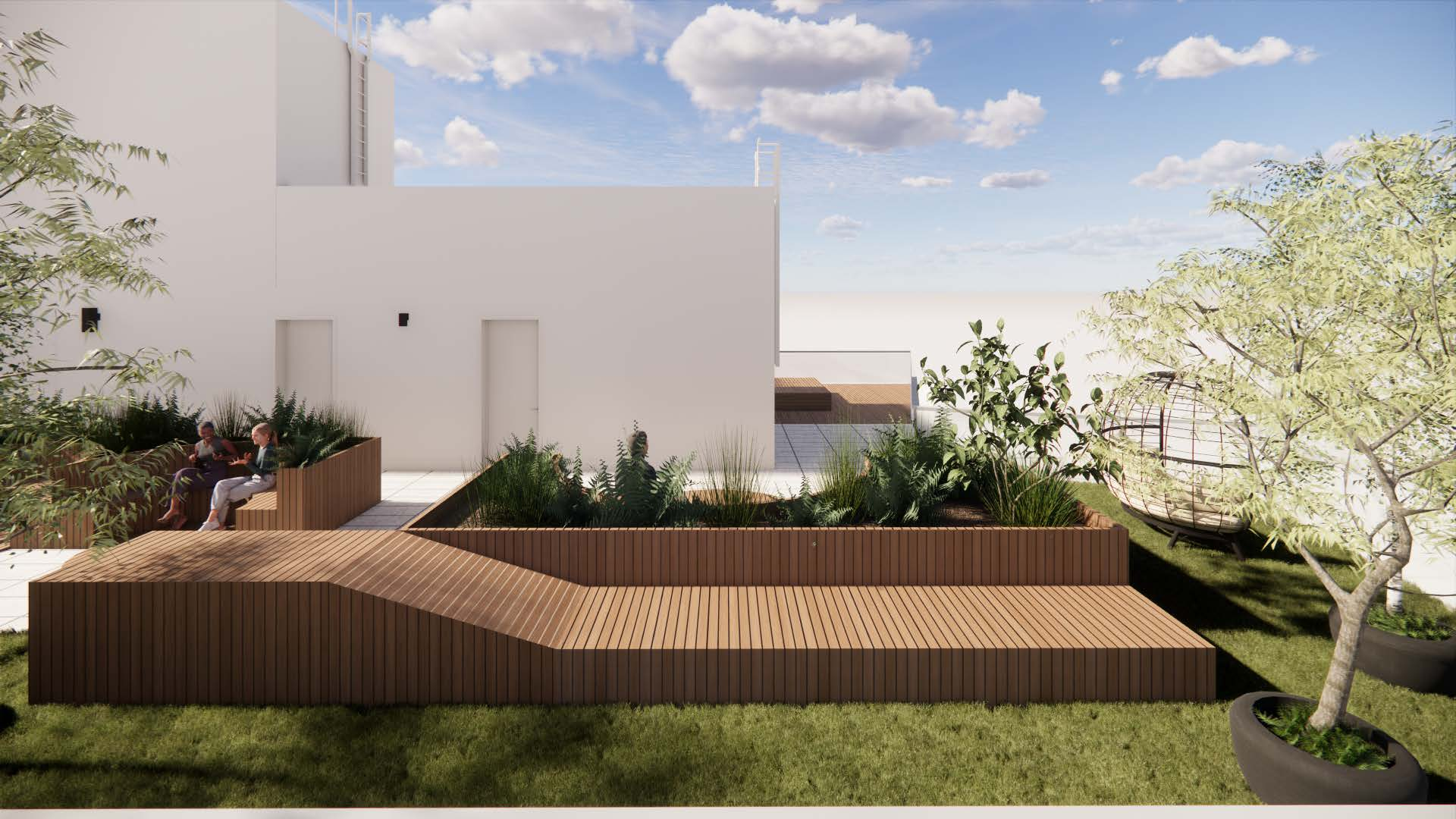 rendering of a rooftop garden with plantings and seating