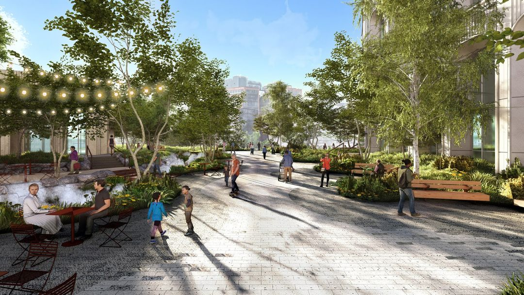 a rendering showing public space with walkways, seating, and landscaping