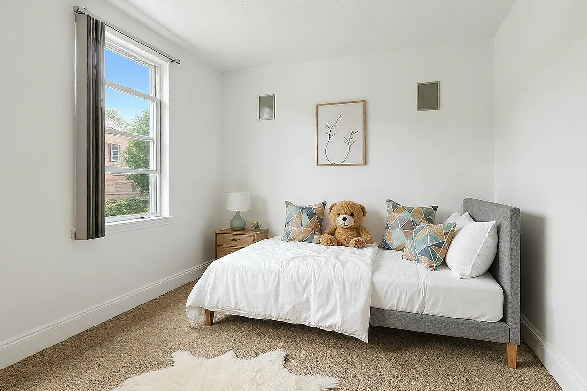 a virtually staged bedroom with a twin bed, carpeted floor