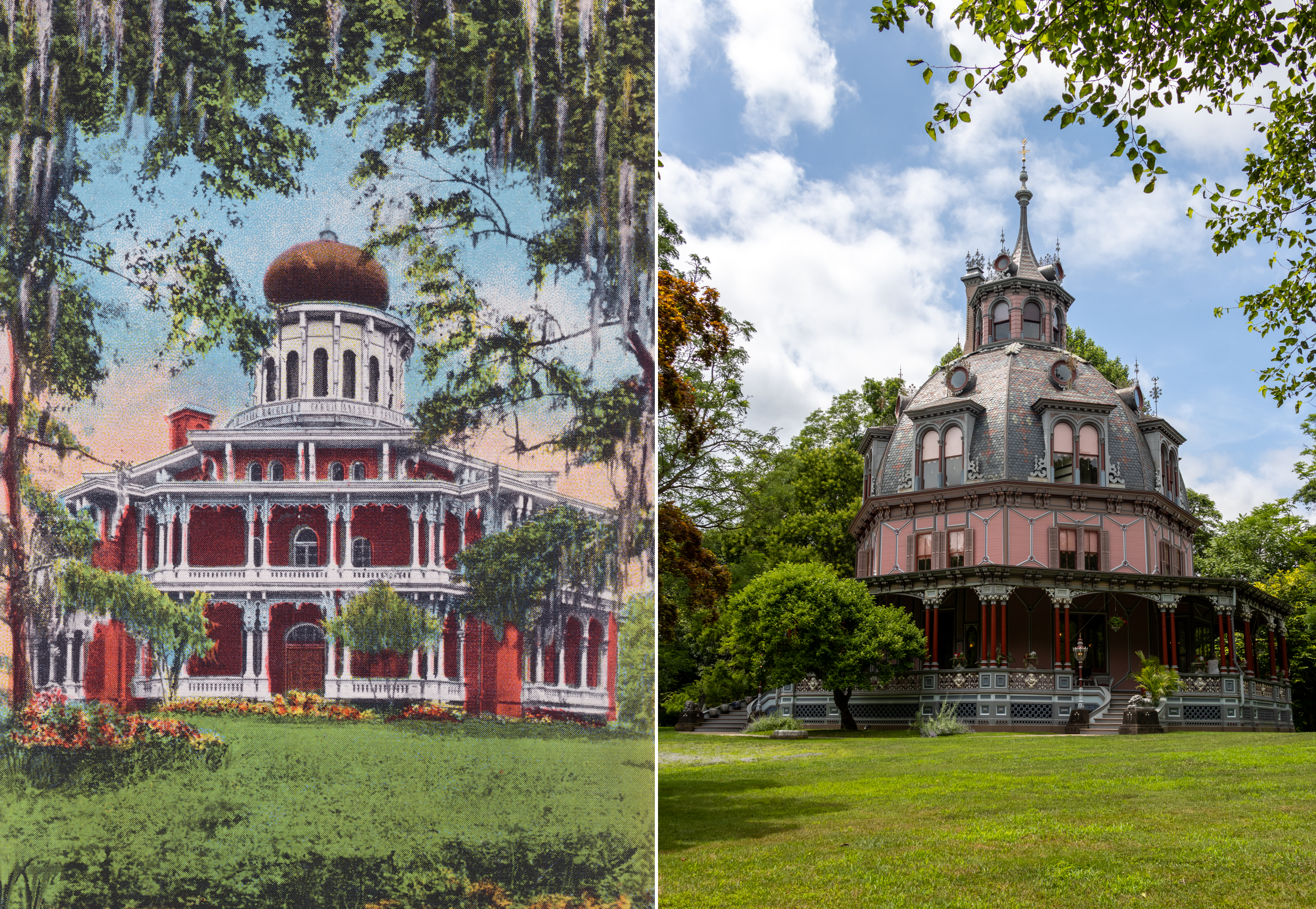 two octagon houses - one in an illustration and one in a photograph