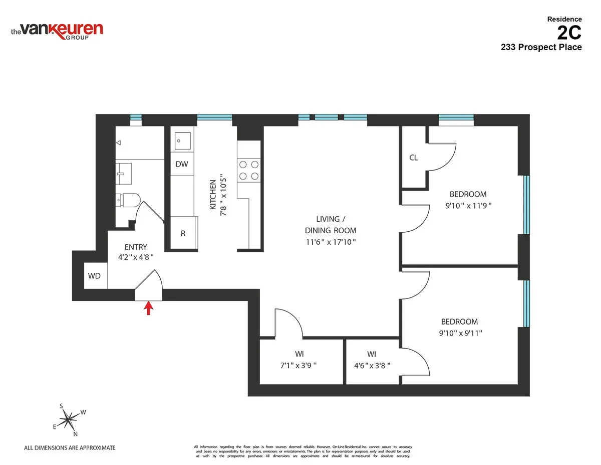 a floorplan with the kitchen on one end of the unit and the bedrooms on the other