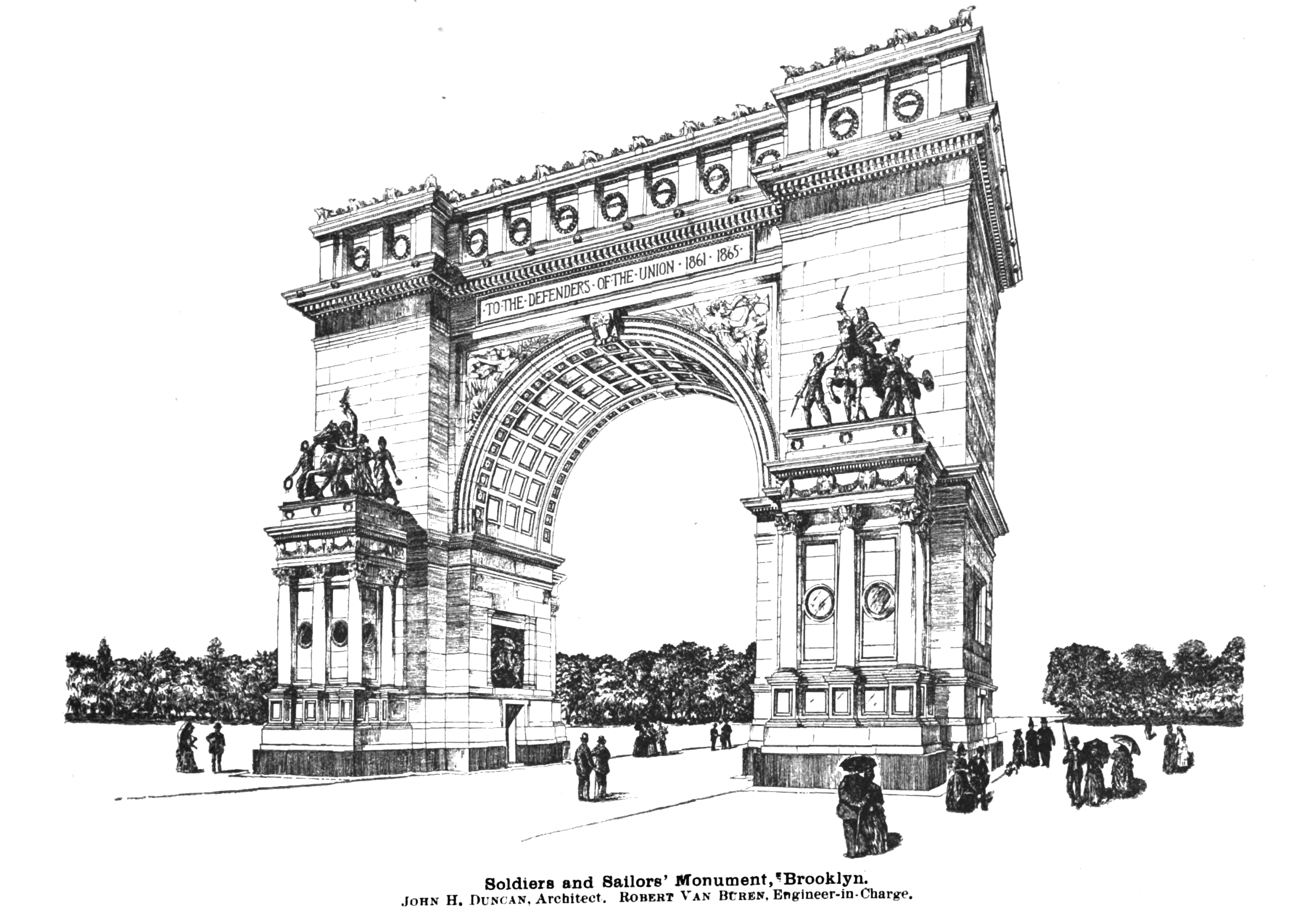 a black and white sketch showing the monumental arch with sculptures