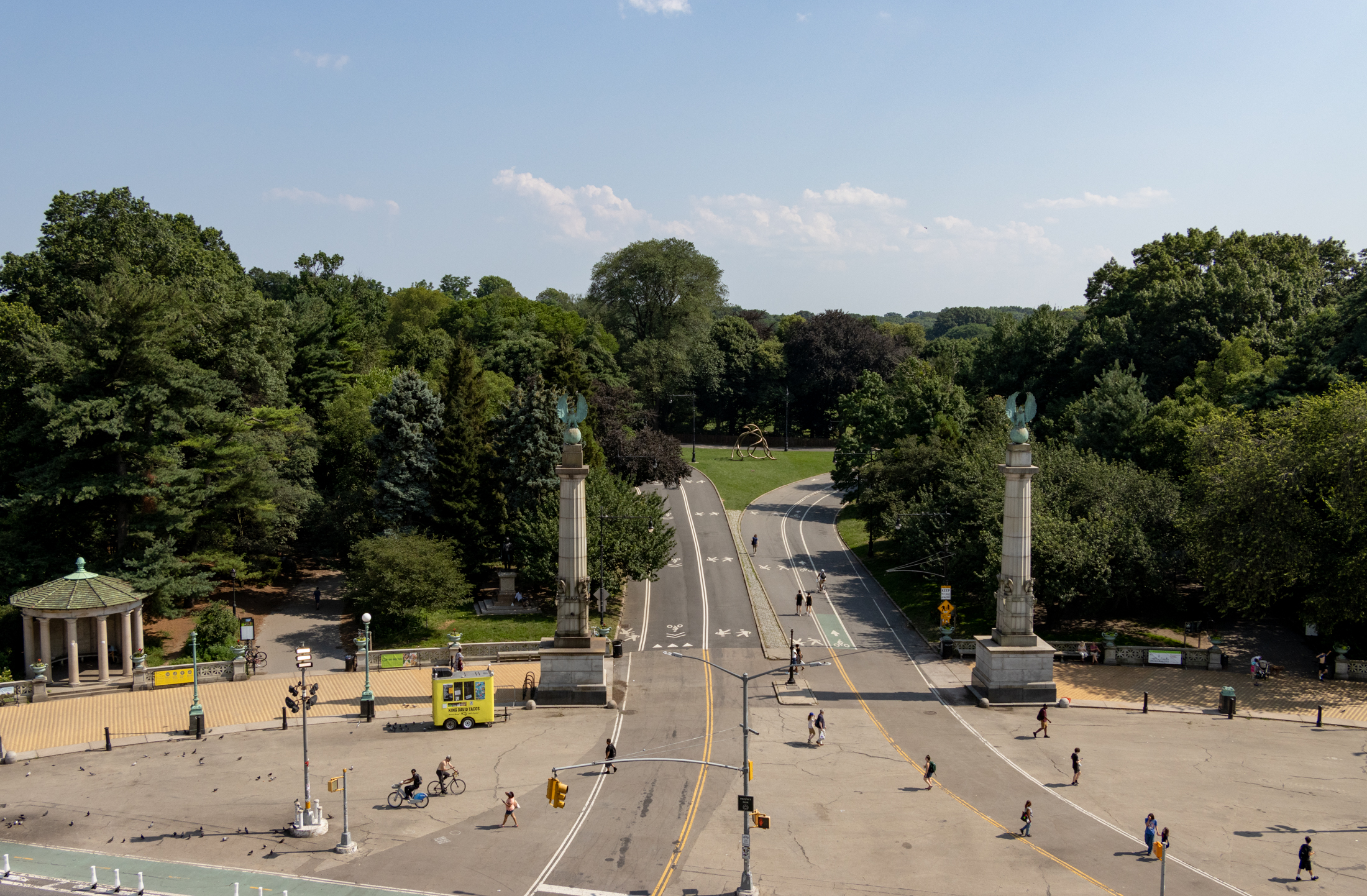 aerial view of the columns at the entrance to prospect park