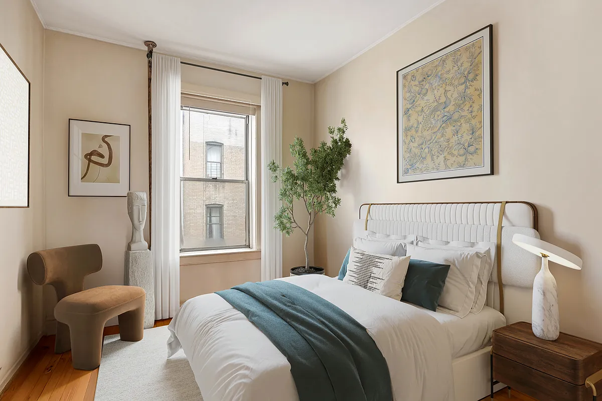 virtually staged bedroom with one window, room for bedside tables 