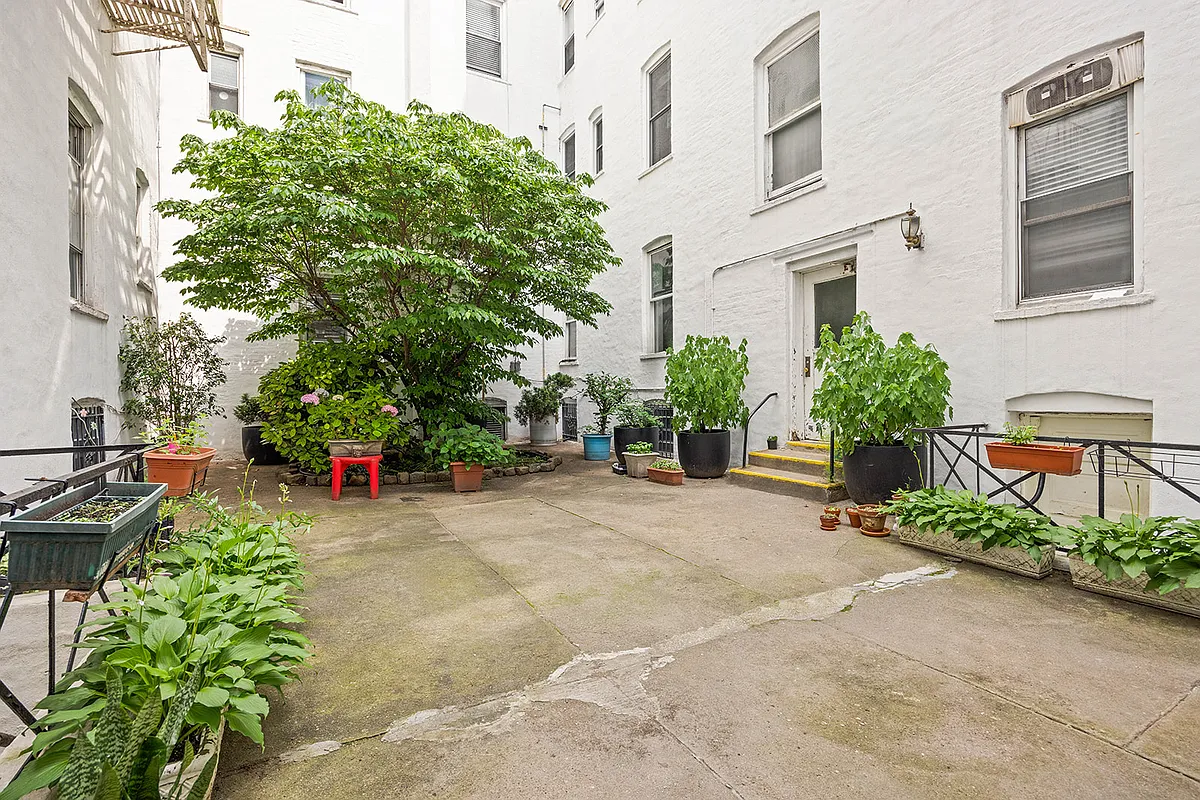 building courtyard with planters and a tree in a planting bed