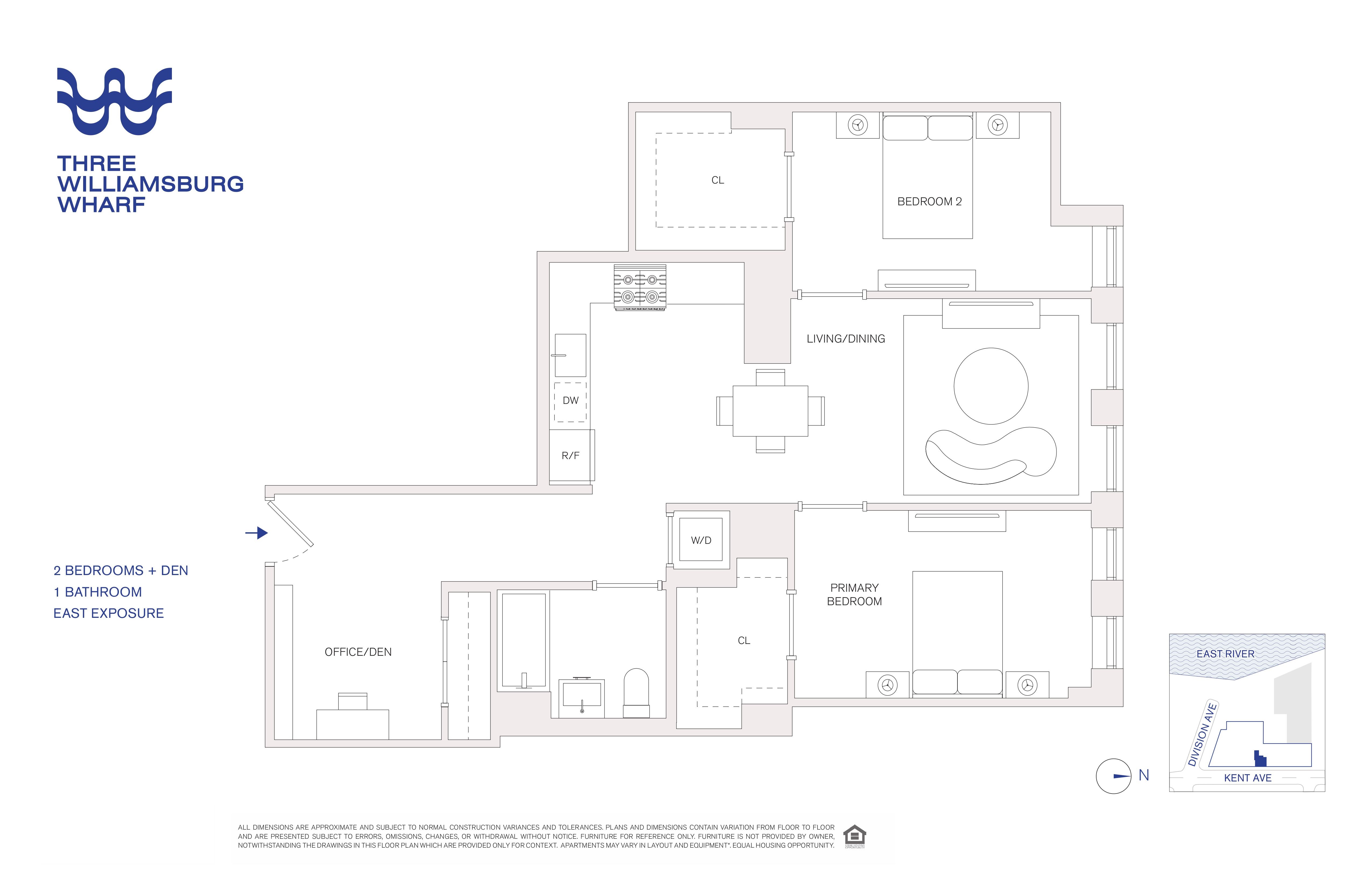 a two-bedroom unit with an open plan living room and kitchen