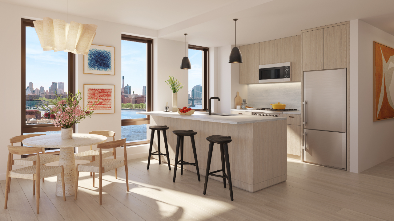 rendering of a kitchen with pale cabinets and an island