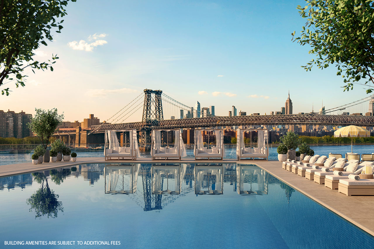 rendering of a rooftop pool with williamsburg bridge in the background