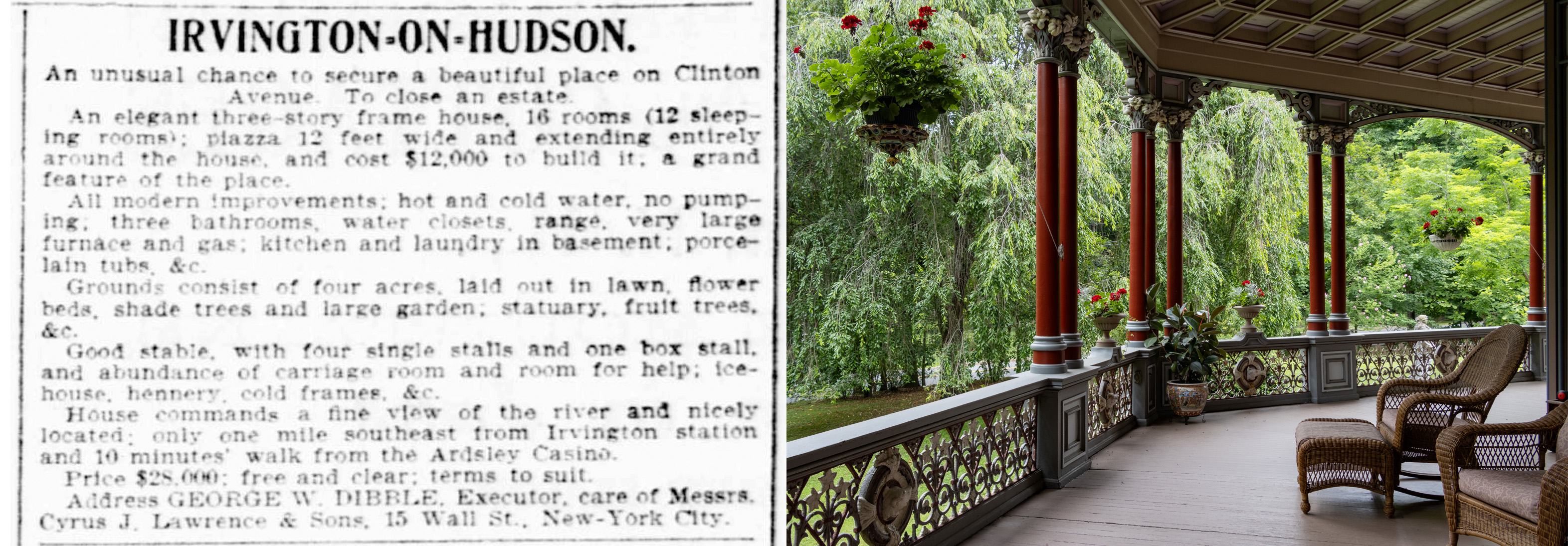 a black and white ad describing the piazza and outbuildings for teh house