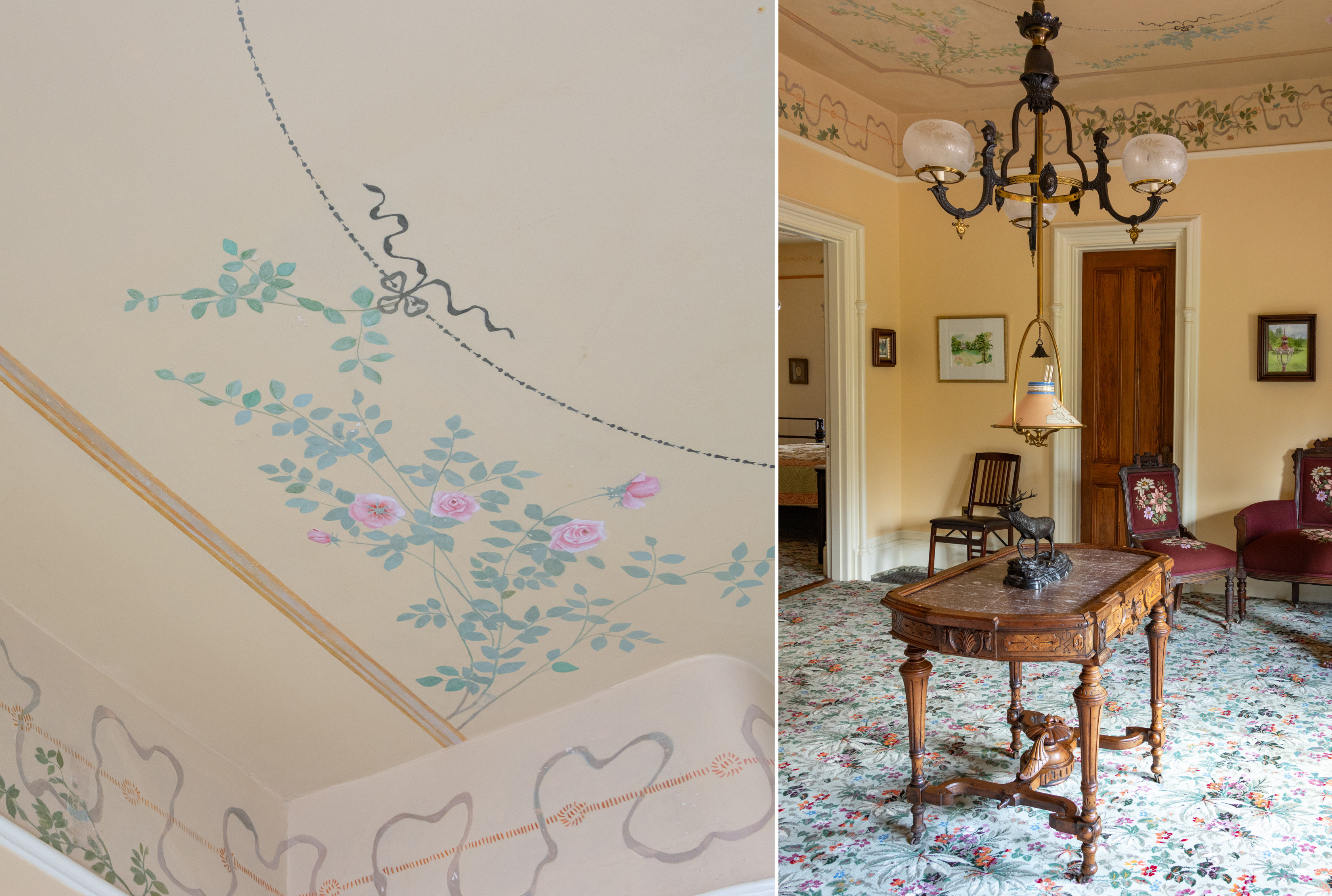 a salon with flowers, birds and swags on the ceiling