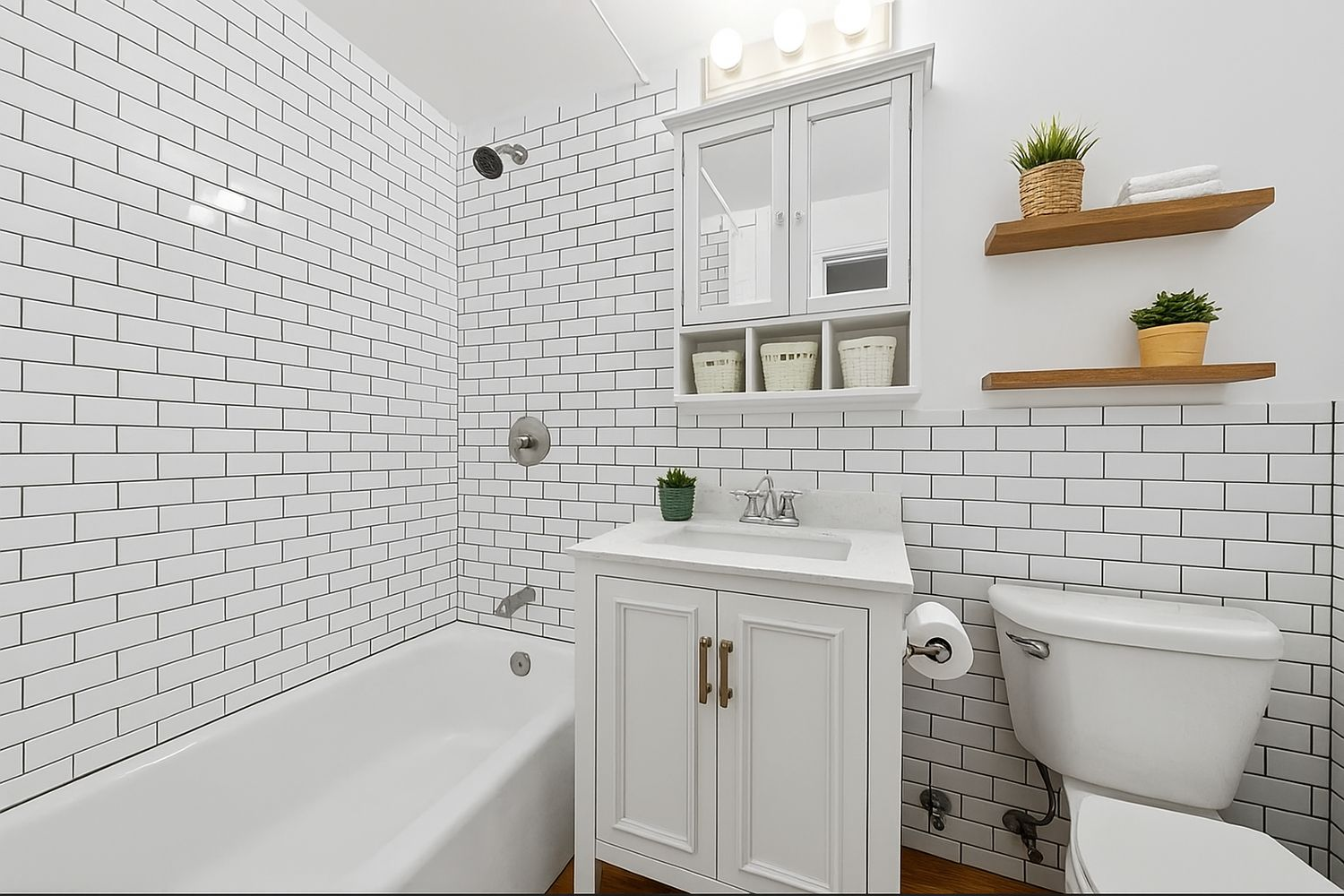 bathroom with white fixtures and white subway tile on walls