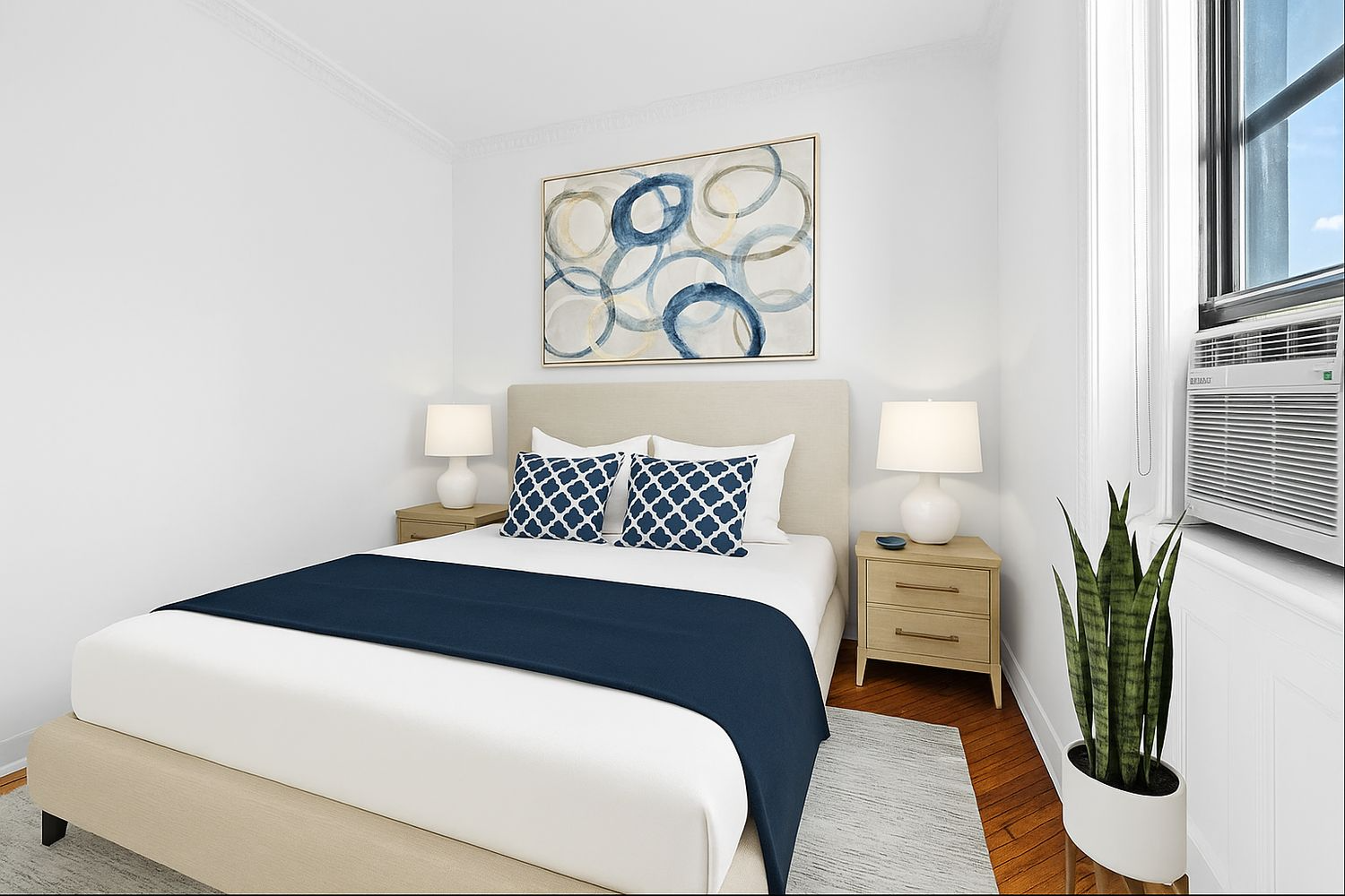 virtually staged bedroom with wood floor
