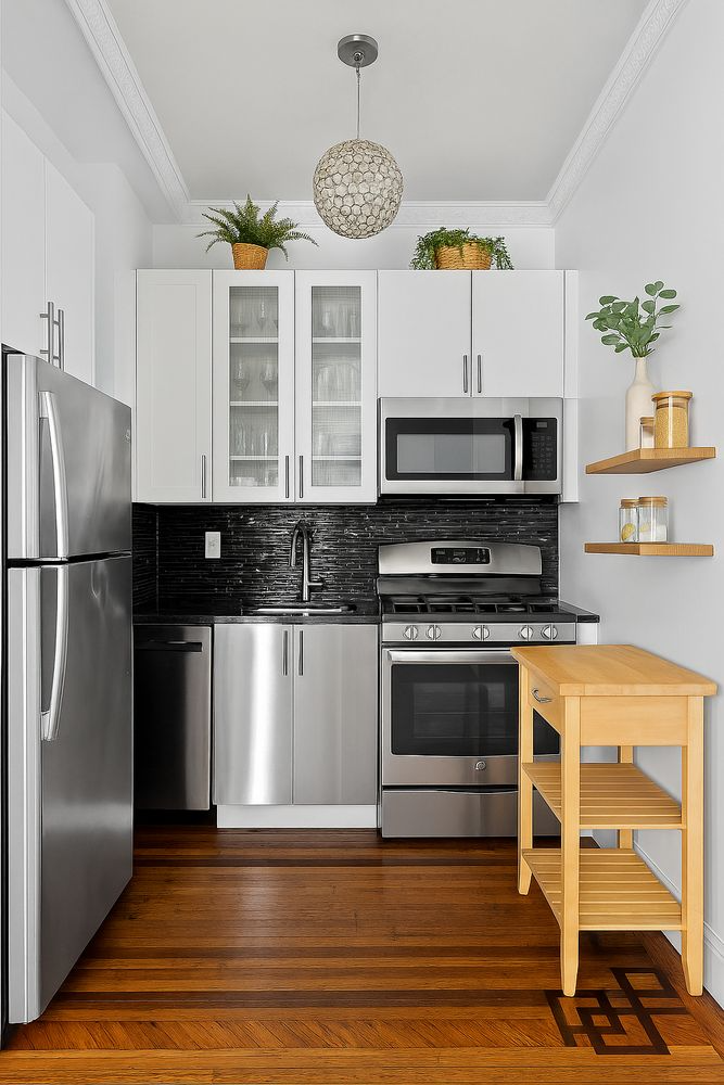 kitchen with stainless steel appliances and white upper cabinets