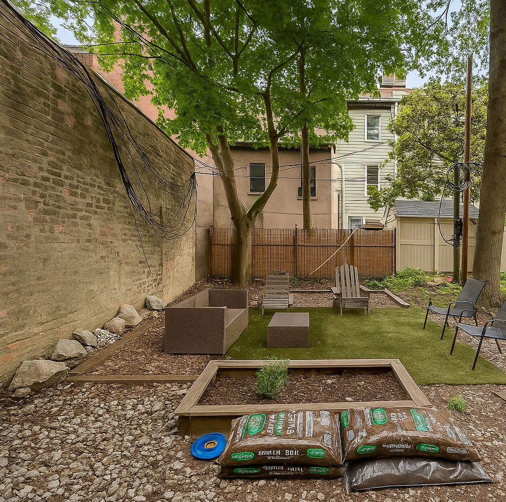 rear yard with a raised bed and room for seating