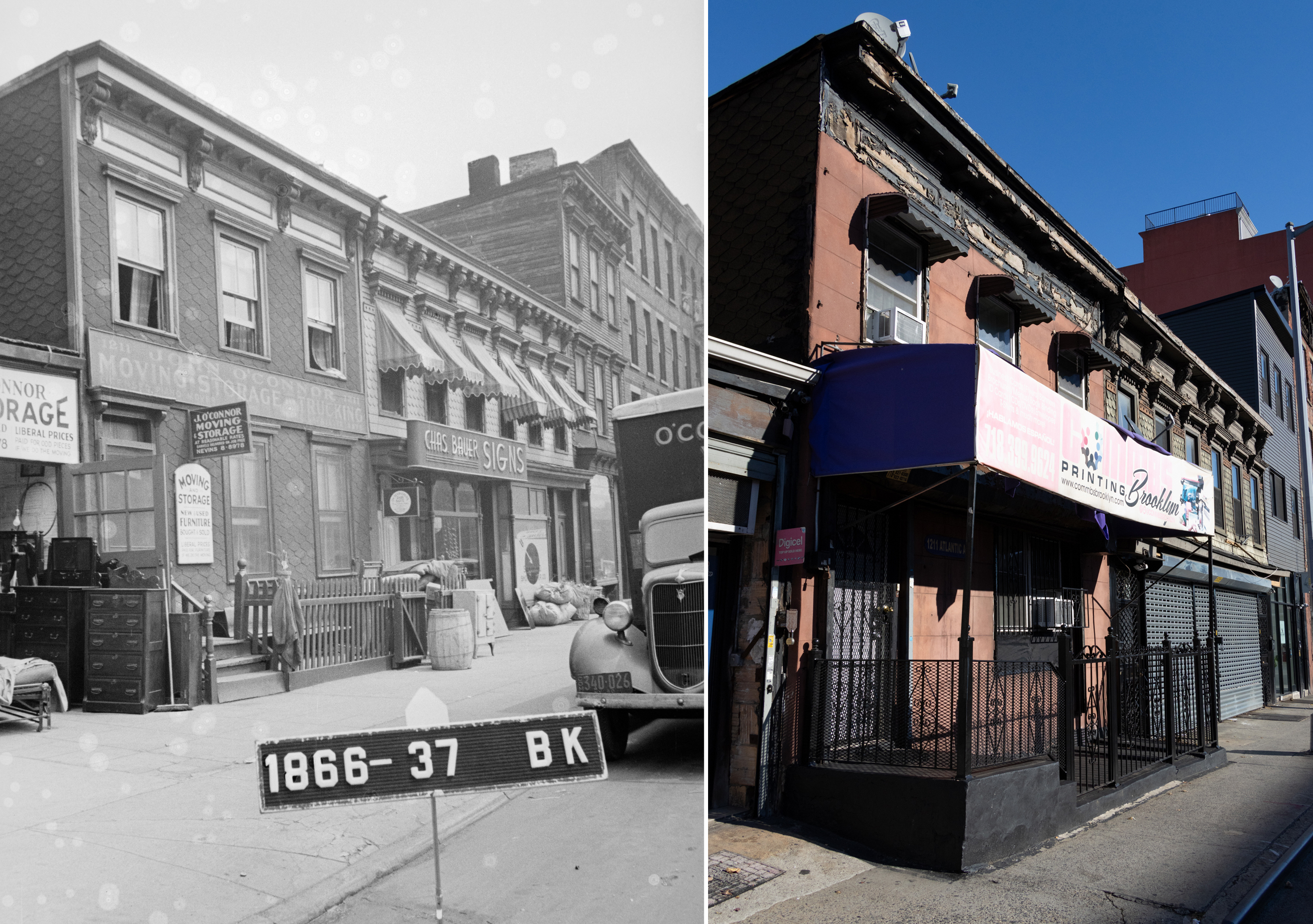 a black and white photo of wood frame houses and a color photo showing the same houses now