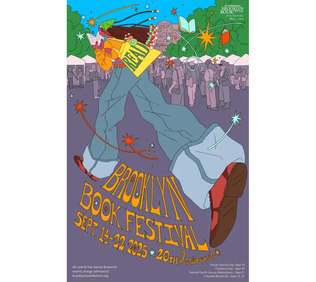 bright poster with person carrying books