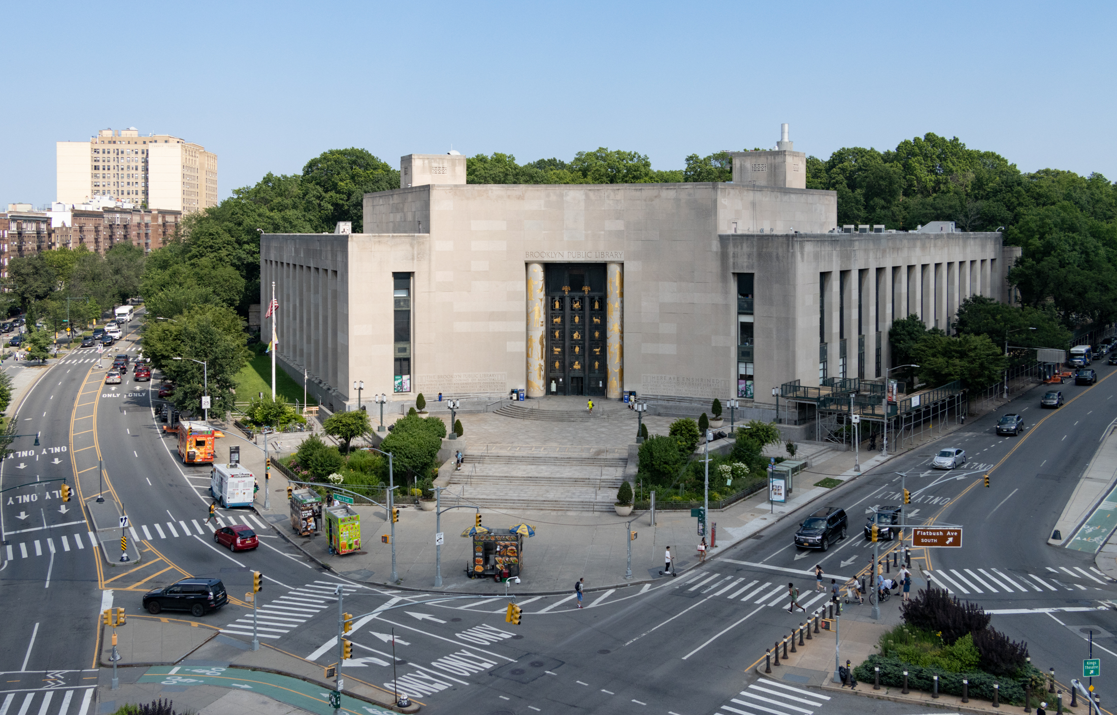 aerial view of the brooklyn central library and the traffic around it