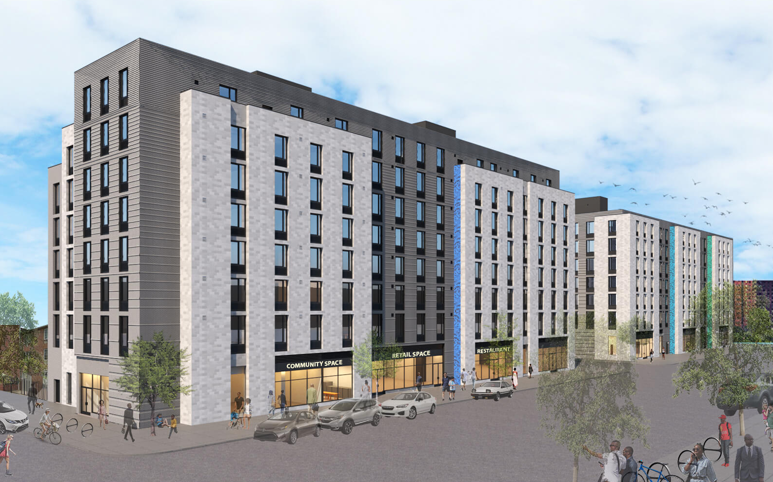 rendering of a multi-story building with a gray facade