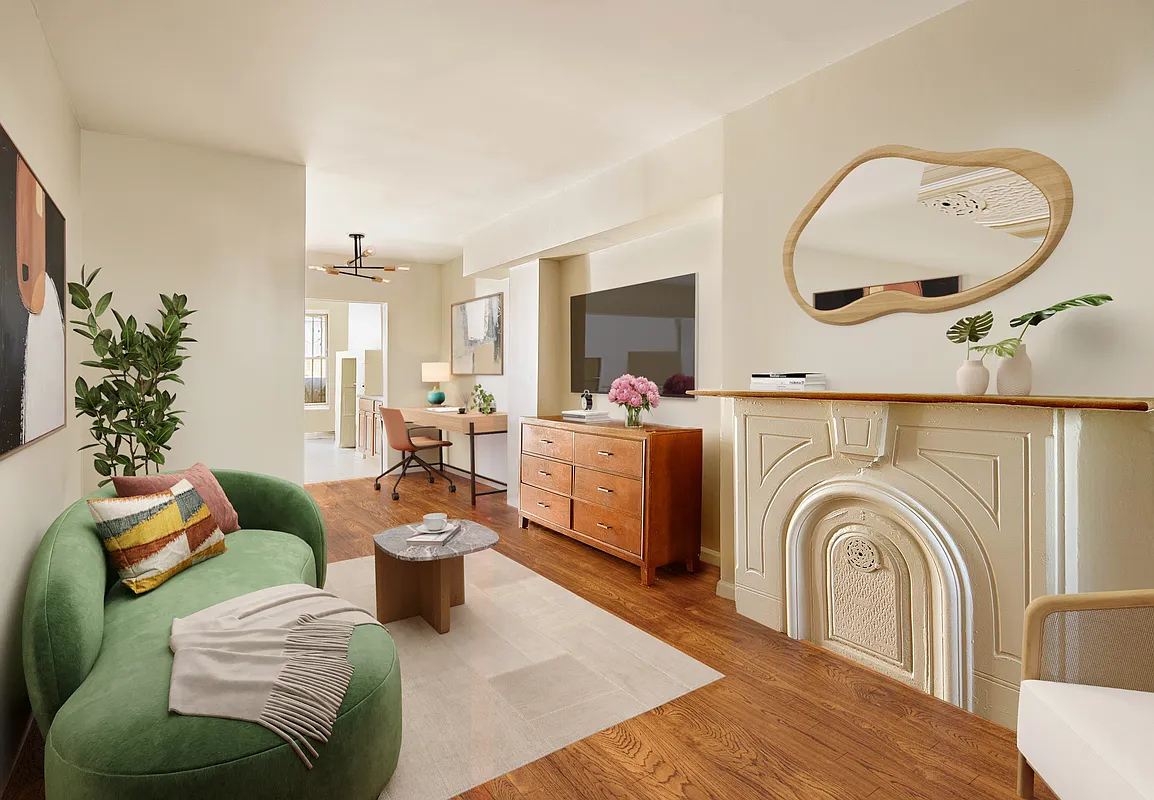 living room with wood floor view to kitchen