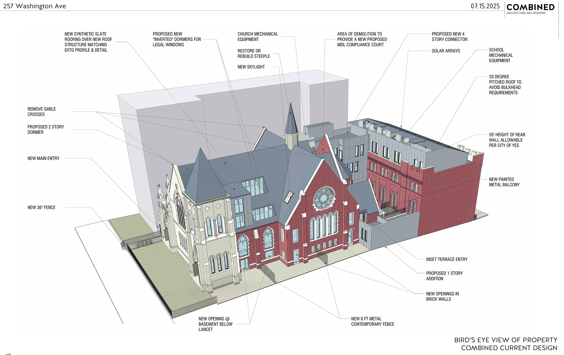 rendering showing church and adjoining building with proposed alterations
